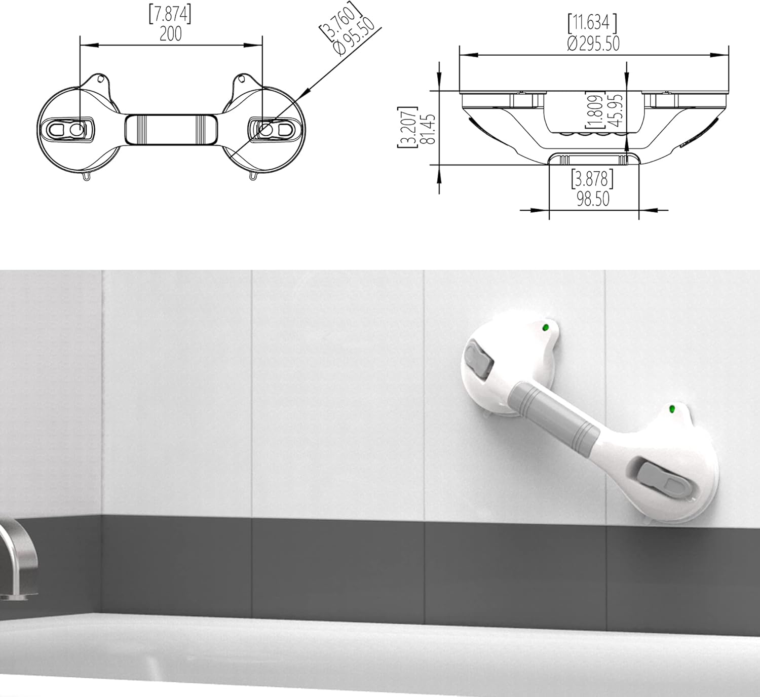 AmeriLuck Suction Bath Grab Bar 12in with Indicators, Bathroom Shower Handle (White/Grey, Pack of 1) : Health & Household