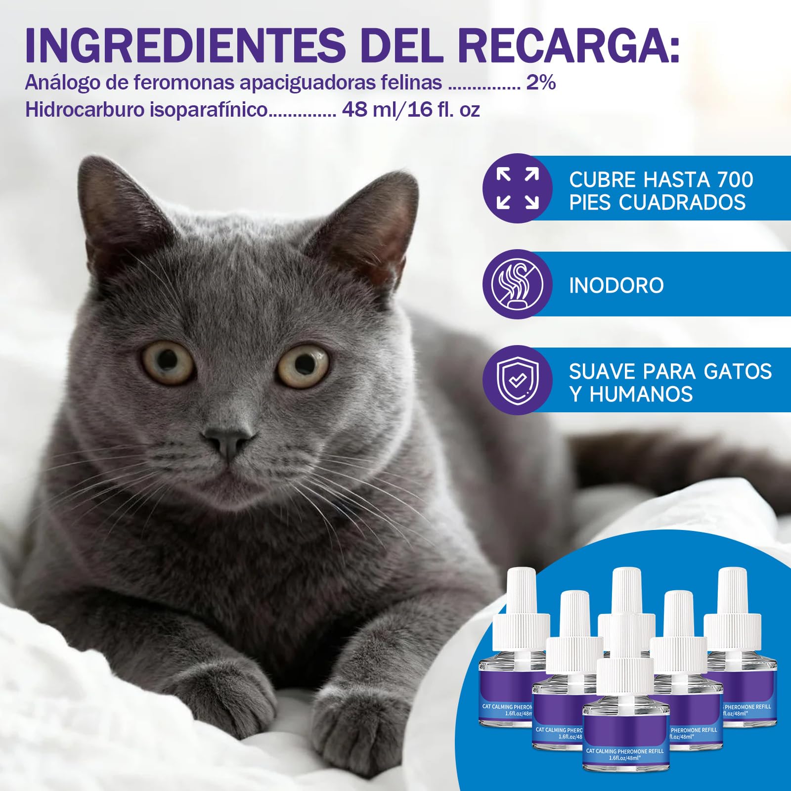 6 Recargas de Feromonas para Gatos - Recambios para Difusor Calmante de Gatos, Relajación, Suministro de 6 Meses, Recarga para Difusor Calmante (Compatible con Todos los Difusores Comunes)