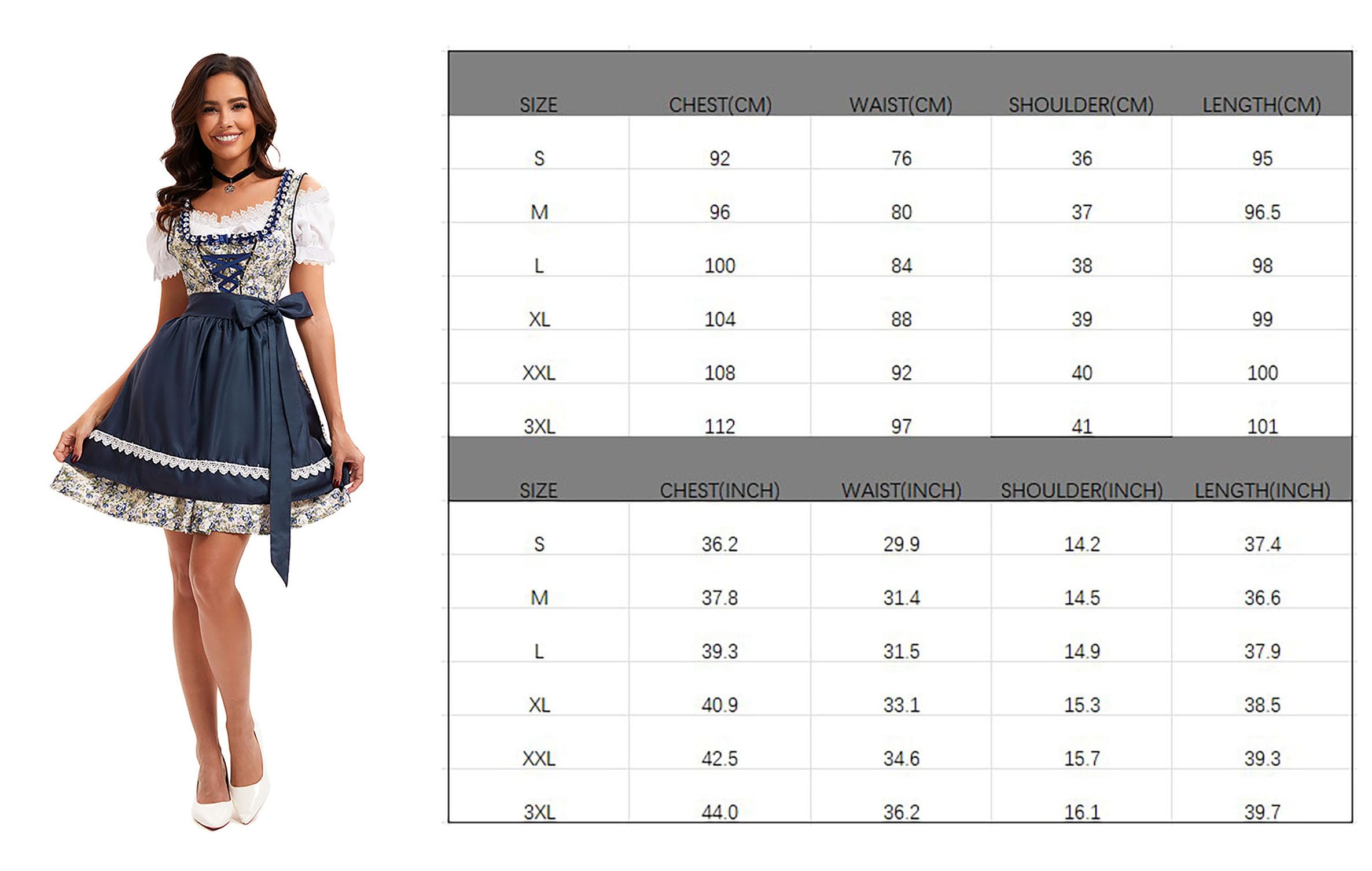 Vestido tirolés para mujer midi tradicional tirolesa con encaje, incluye blusa tirolesa, delantal tirolés, 3 piezas, para Oktoberfest, Carnaval