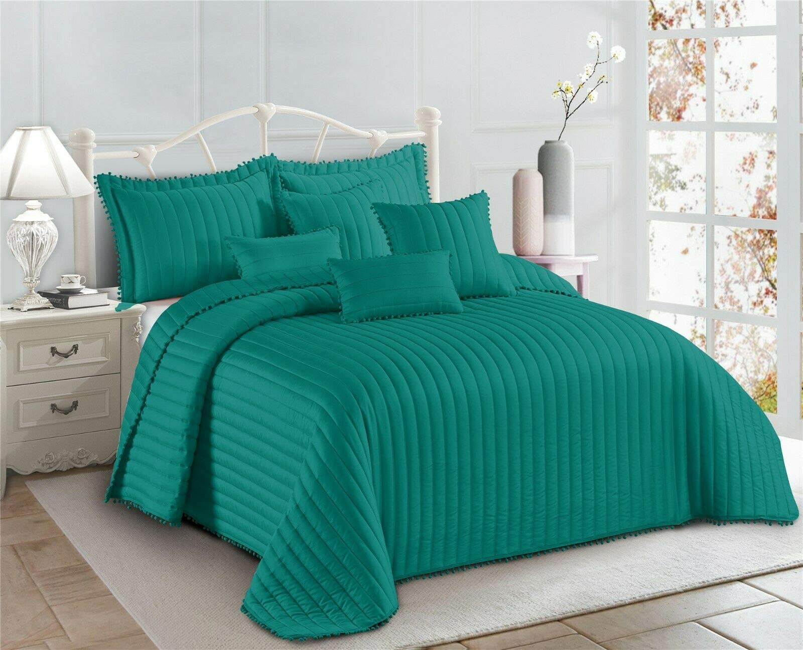 3 Pieces Embossed Soft Quilted Bedspread Comforter Set Pom Pom Bordered Design Bed Throw With Pillow Sham (Teal, Double)