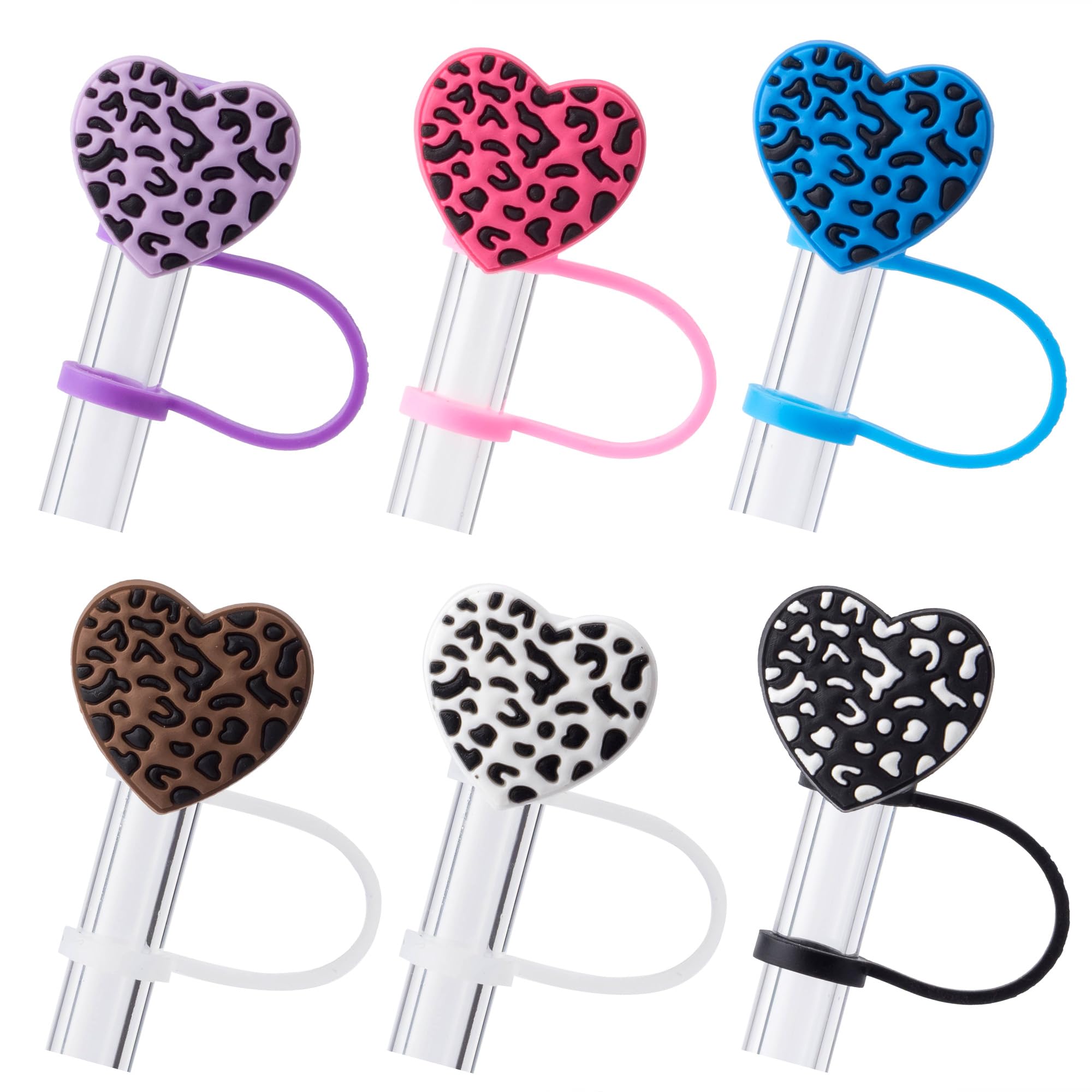 6Pcs Leopard Print Heart Silicone Straw Cover Cap for Stanley 40oz & 30oz Tumbler, 10mm Reusable Cute Drinking Straw Topper Accessories
