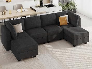Belffin U Shaped Sofa Modular Couch Reversible Storage Ottoman 6 Seater Sofa Large Couches U Shape Couch Black
