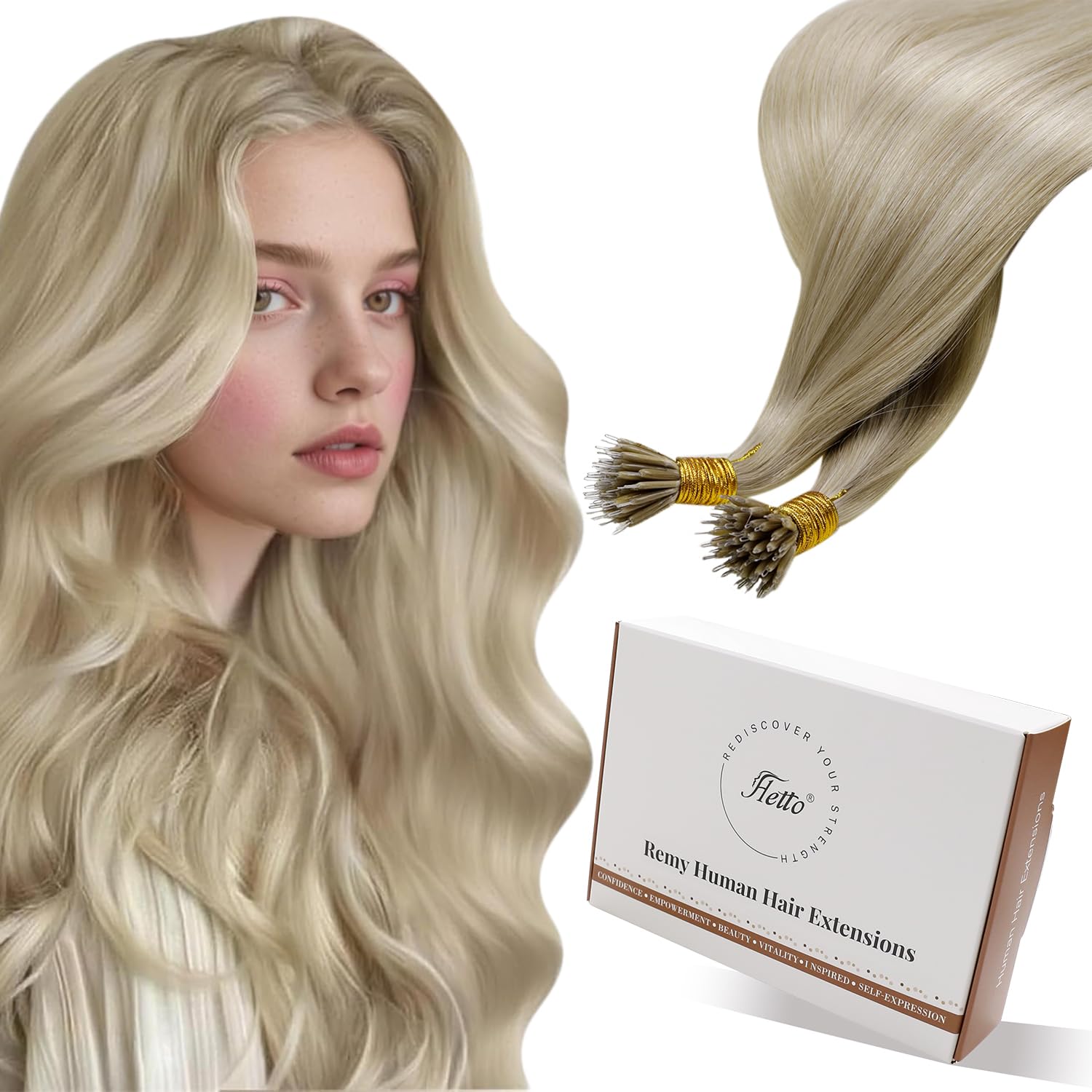 Hetto Nano Bead Human Hair Extensions Blonde Nano Ring Hair Extensions Human Hair Highlight Dark Blonde to Ash Blonde Nano Bead Hair Extension Human