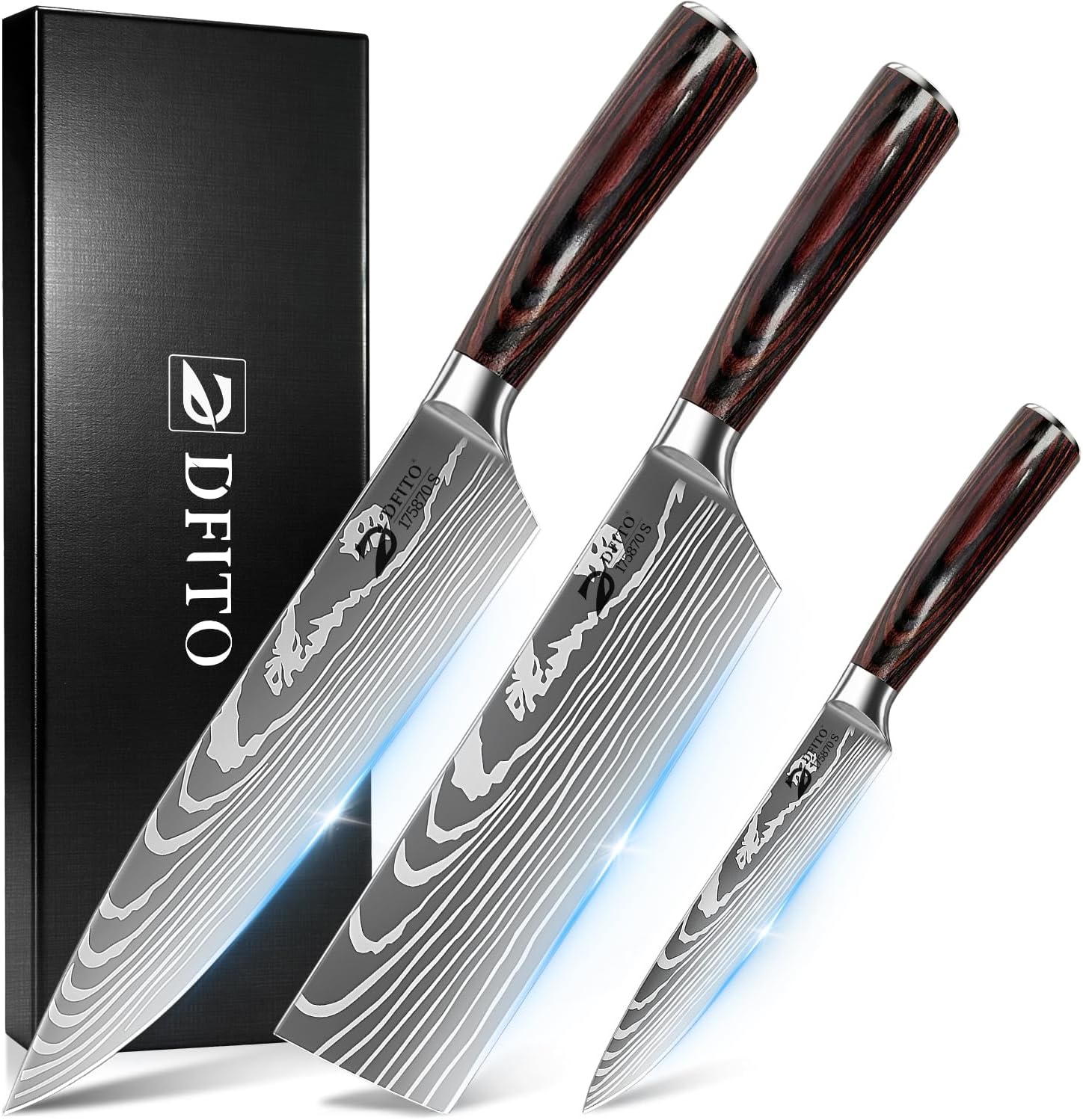 Dfito Kitchen Knife Set, 3 Pieces High Carbon Stainless Steel Chef Knife Set with Red Pakkawood Handle, Ultra Sharp Professional Chef Knives Sets for Home Cooking, Dishwasher Safe