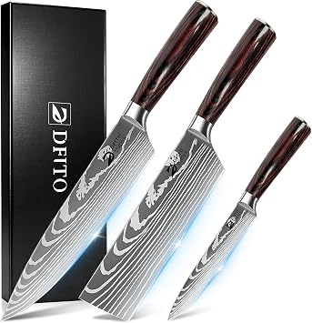 Dfito Kitchen Knife Set, 3 Pieces High Carbon Stainless Steel Chef Knife Set with Red Pakkawood Handle, Ultra Sharp Professional Chef Knives Sets for Home Cooking, Dishwasher Safe