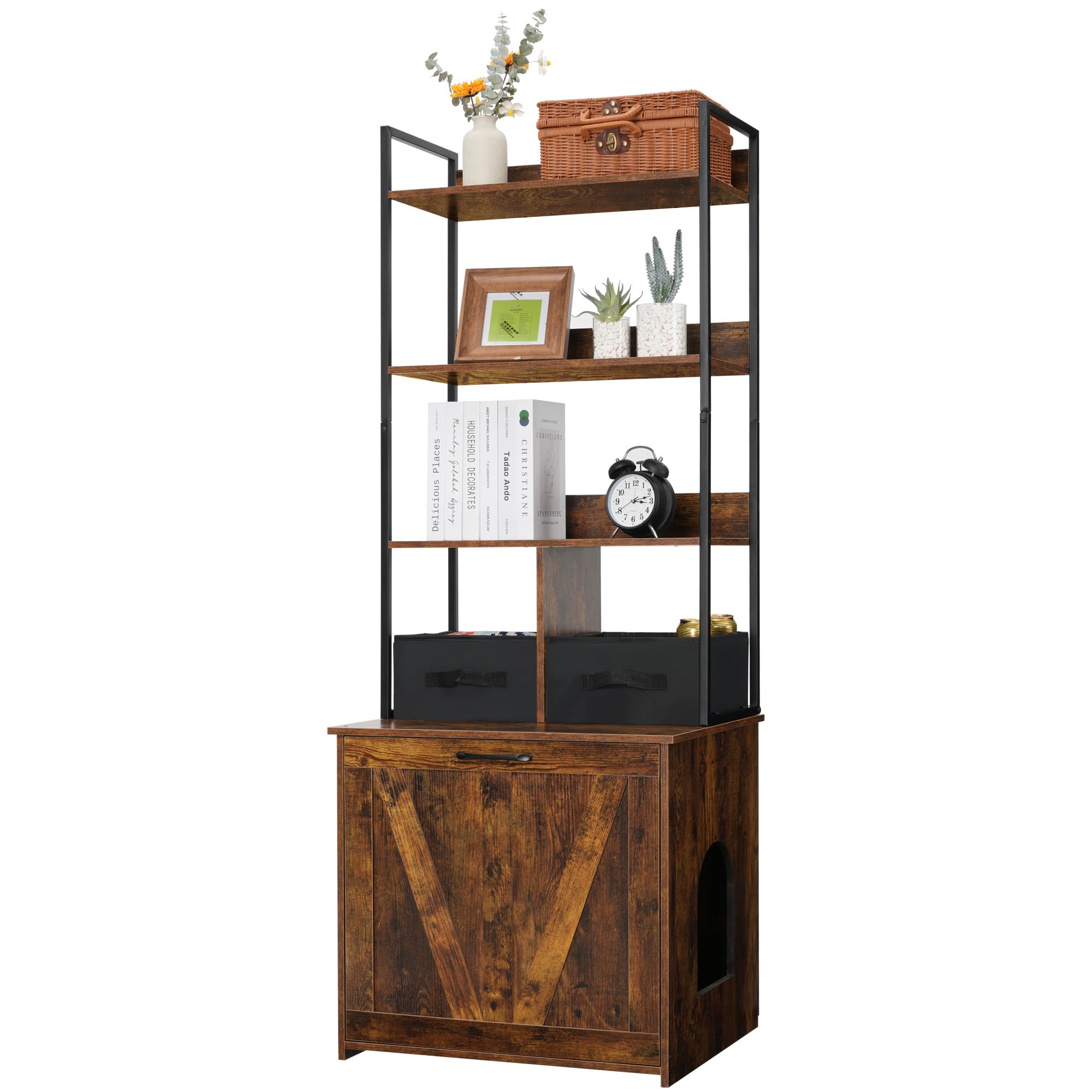 Dwanton Litter Box Enclosure with 3 Storage Shelves and 2 Drawers, 2-in-1 Hidden Cat Litter Box Enclosure Furniture with Shelf, Reversible Entrance, Washable Drawers, 61.8-Inch, Rustic Brown