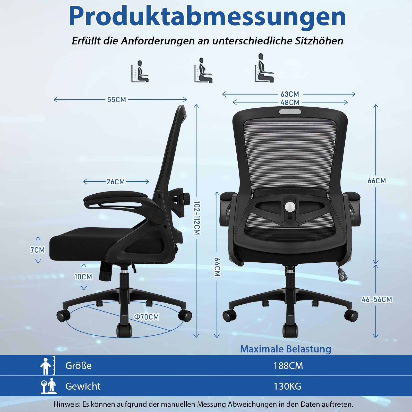 Milacyee Bürostuhl Ergonomisch, Schreibtischstuhl mit Verstellbarer 4D Lendenwirbelstütze, Drehstuhl mit klappbaren Armlehnen, Computerstuhl mit 90°-125° Wippfunktion, Netzstuhl bis 130 kg (Schwarz)