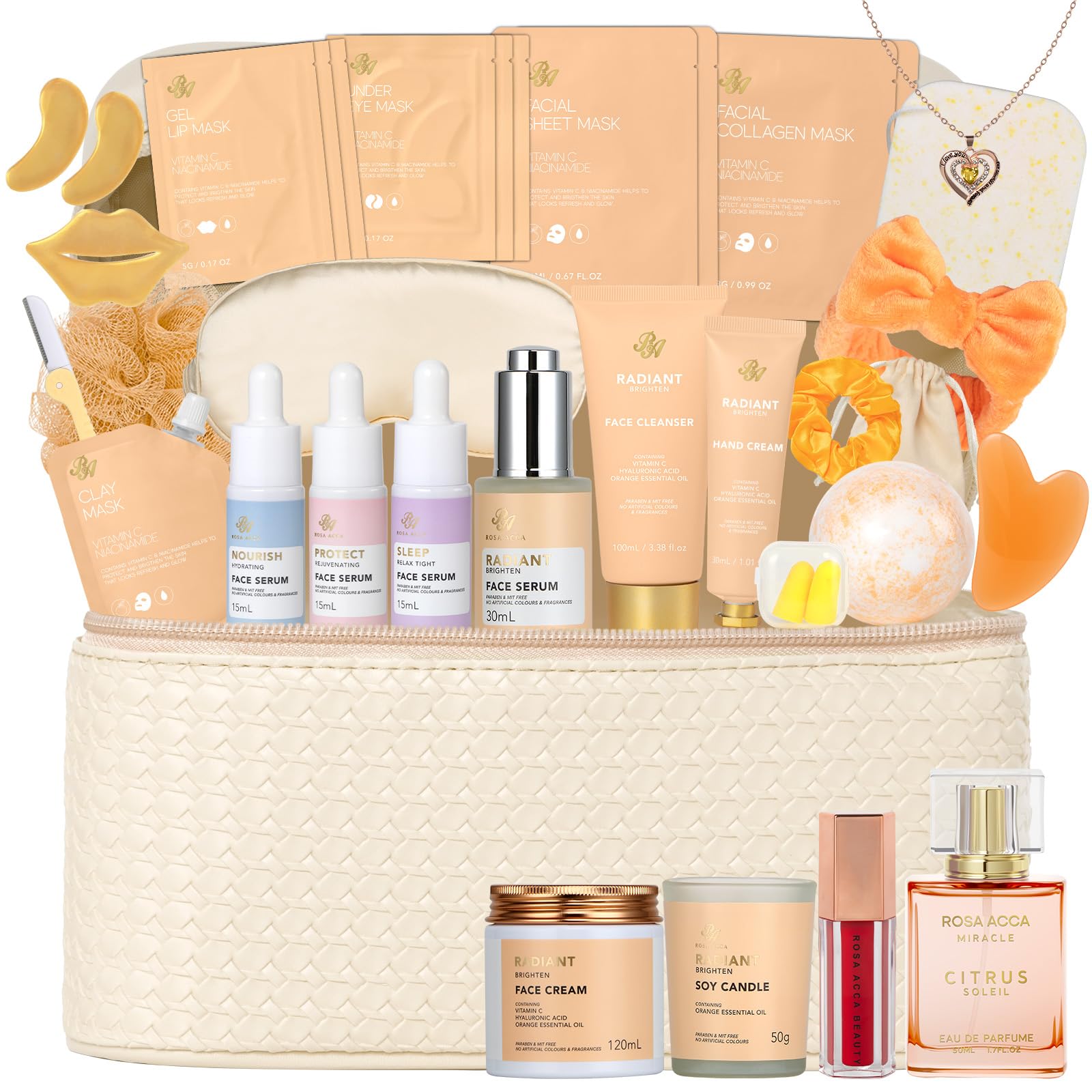 Christmas Gifts for Women, Orange 33 Pcs Facial Kit, Skin Care Gift Set, Self-Care Kit, Spa & Bath & Body Basket Gift, Beauty Bag Set, Collagen Gel Mask, Pampering Kit, Birthday Gift, Mother Day