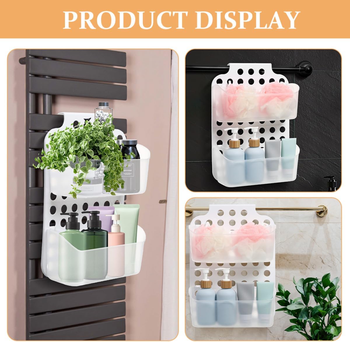 FAVOMOTO 2pcs Bathroom Wall-mounted Organizer Double Layer Shower Shelf No Drilling Waterproof Storage Rack White for Bathroom Shower Caddy and Towel Holder