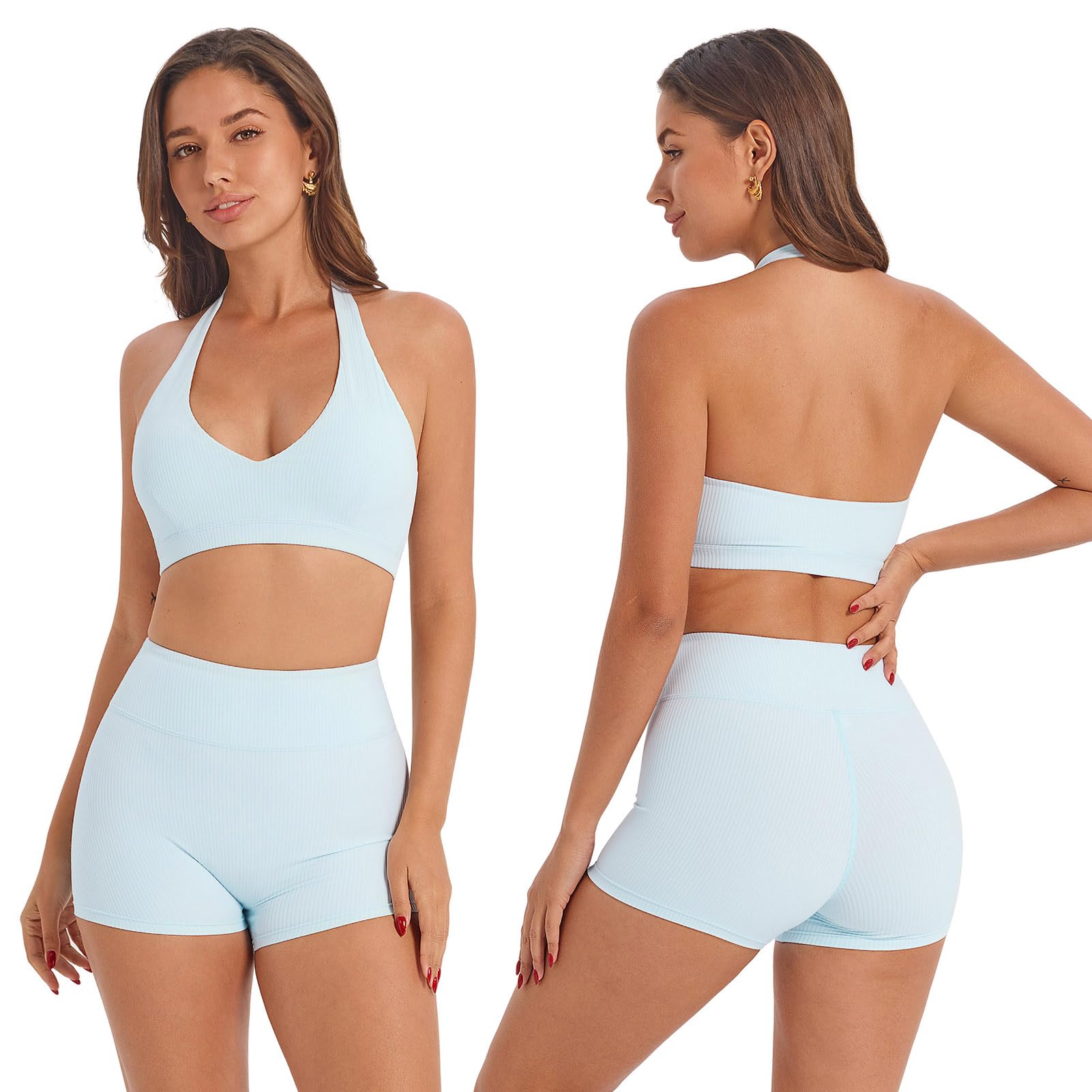IDOPIP Set sportivo da donna con allacciatura al collo, due pezzi: schiena scoperta, set da palestra con scollo a V a vita alta, pantaloncini modellanti dei glutei, tuta sportiva per fitness, yoga
