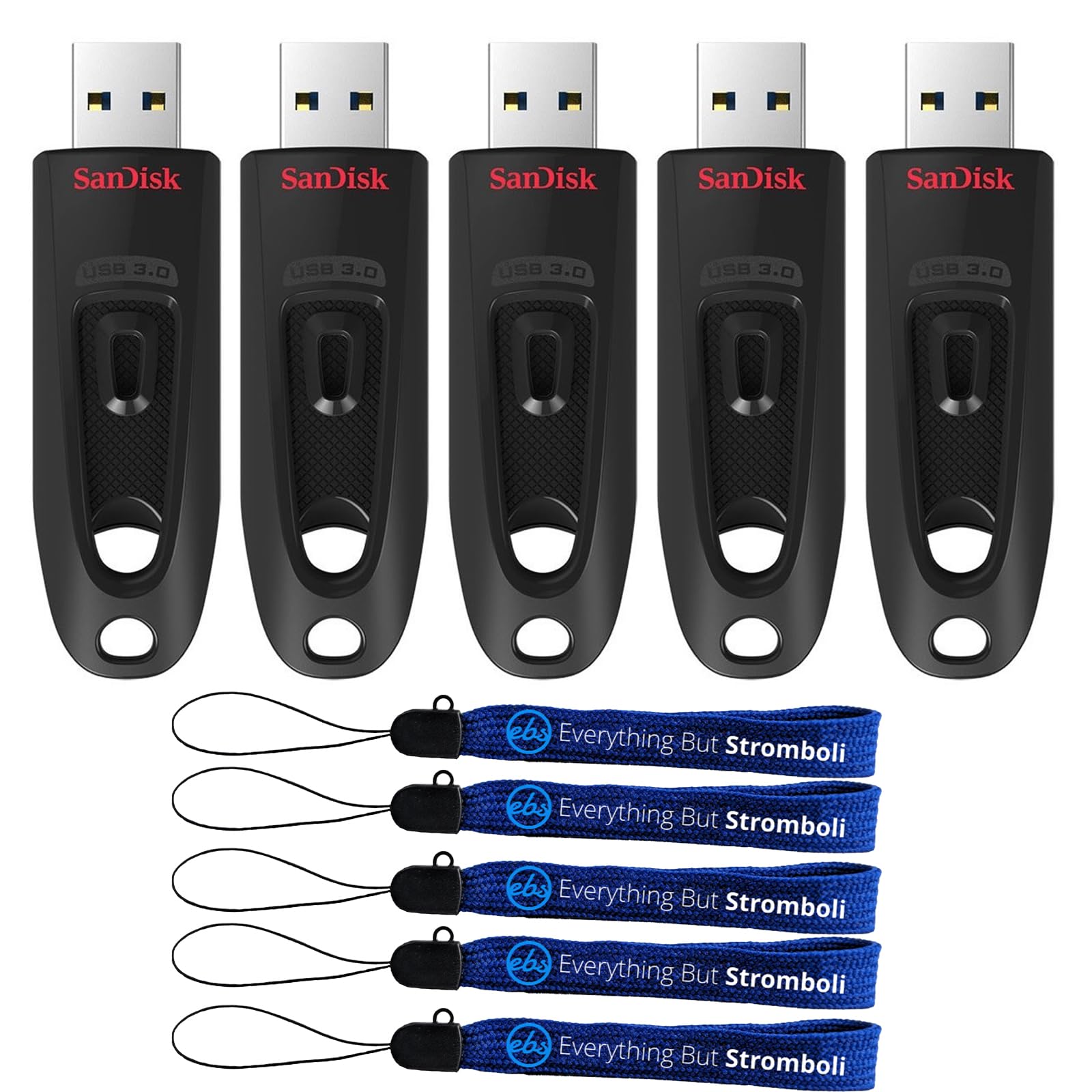 SanDisk USB 3.0 Flash Drive 5 Pack 128GB Ultra Up to 130 MB/s Read Speed - SDCZ48-128G-U46 - Bundle with (5) Everything But Stromboli Lanyards