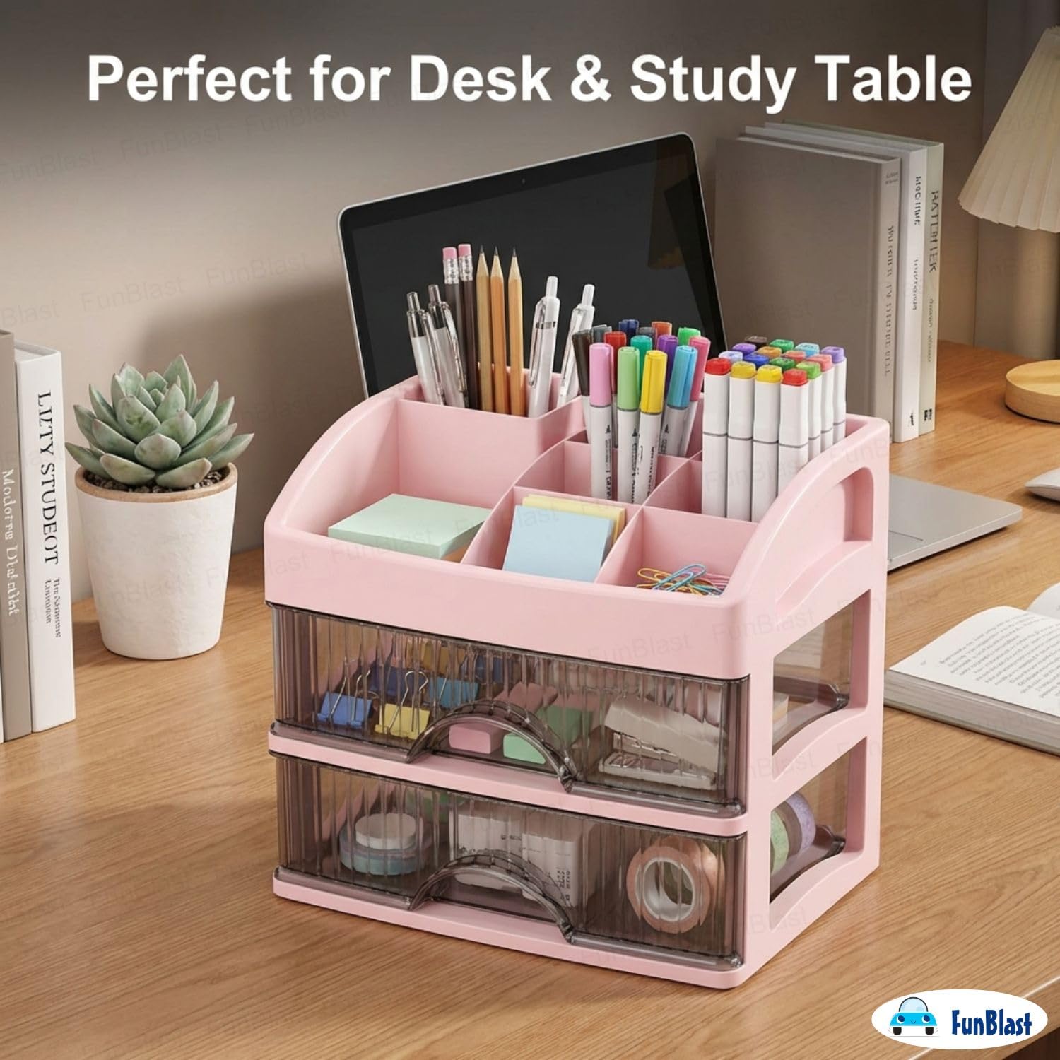 FunBlast Organizer da scrivania con cassetto, scomparto a 2 strati, organizer per trucchi, cancelleria, portapenne e portapenne, portapenne da tavolo, multifunzionale