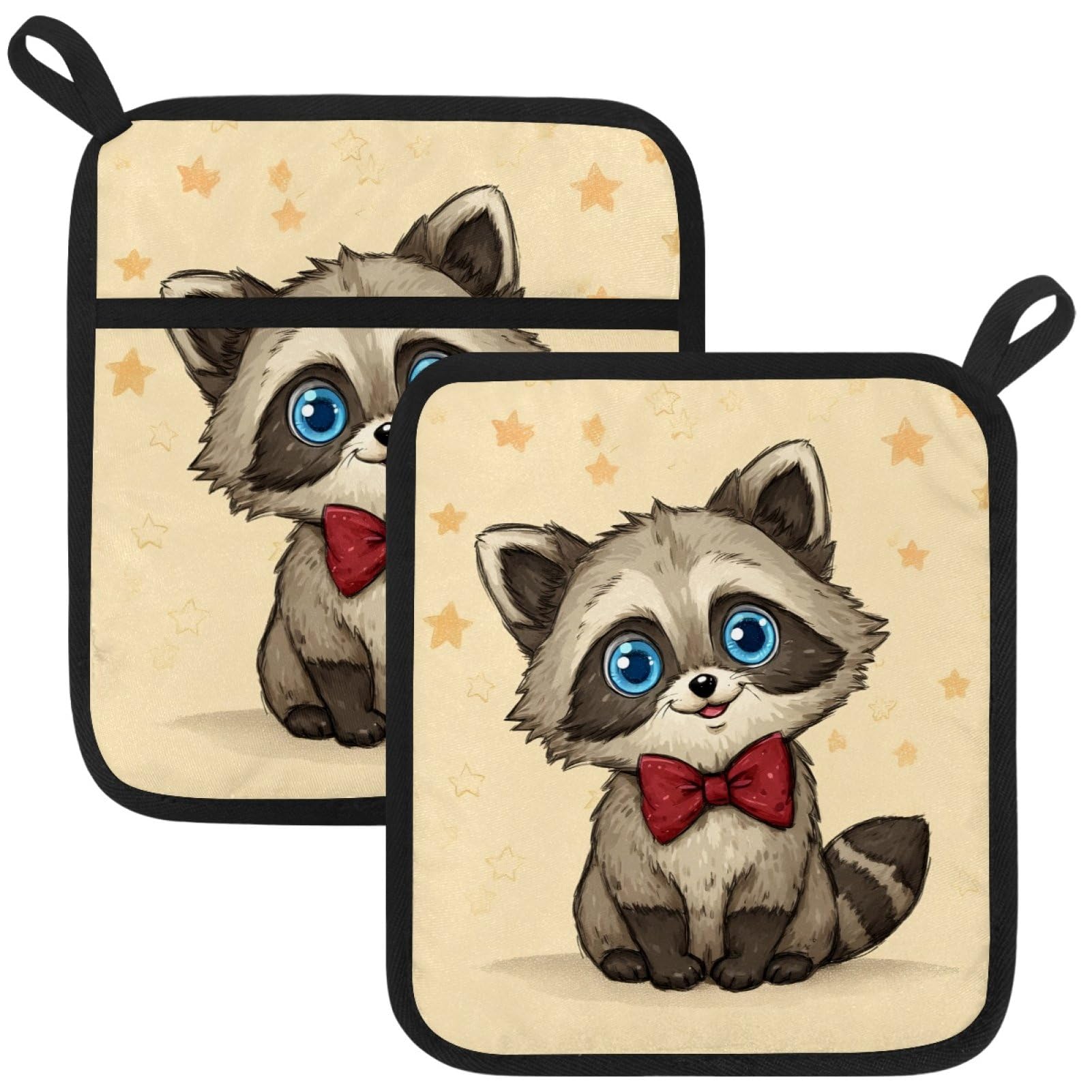 VAPOKF Cute Raccoon Heat Resistant Pot Holders, Thick Pot Holders Pad with Hanging Loop for Kitchen, Oven Cloth Pads for Kitchen Baking Microwave Oven