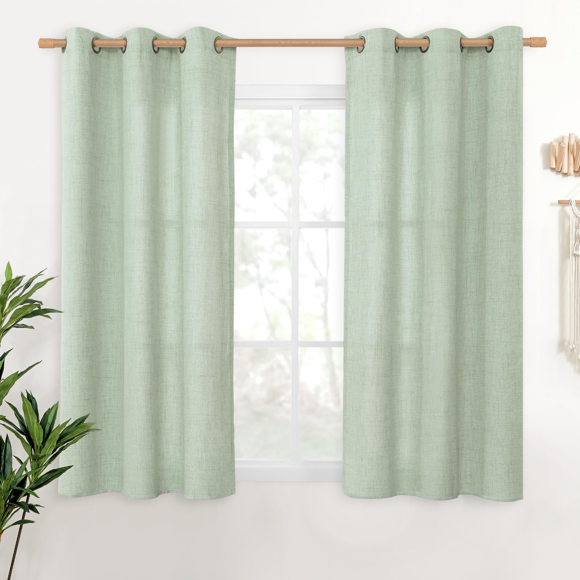 YoungsTex Sage Green Linen Curtains 48 Inch Length for Living Room Window, Short Drapes Light Filtering with Bronze Grommet Privacy for Kitchen