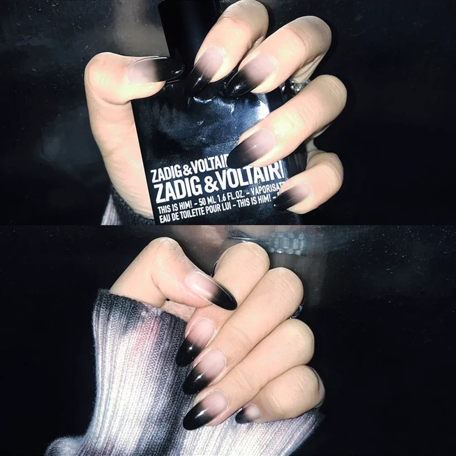 Press On Nails, 24 Pcs False Nails with Glue Fake Nails Short False Nails, Black Gradient Nude French Tip False Nails Stick on Nails for Women, Glitter,Ballerina Nail Art Salon (darkblack)