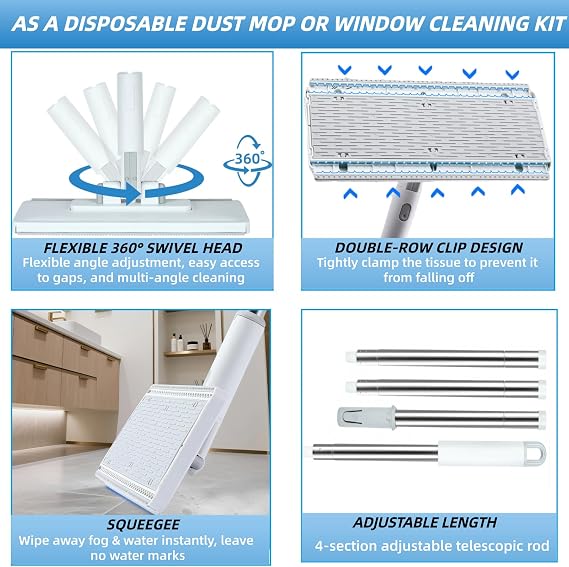 2 in 1 Disposable Dust Mop Magic with Squeegee & 3 Streak Free Magic Cleaning Cloth, 360° Rotating Snap Grip Mini Mop with Automatic Cloth Changing, Window Cleaning Kit for Window Glass Wall Floor