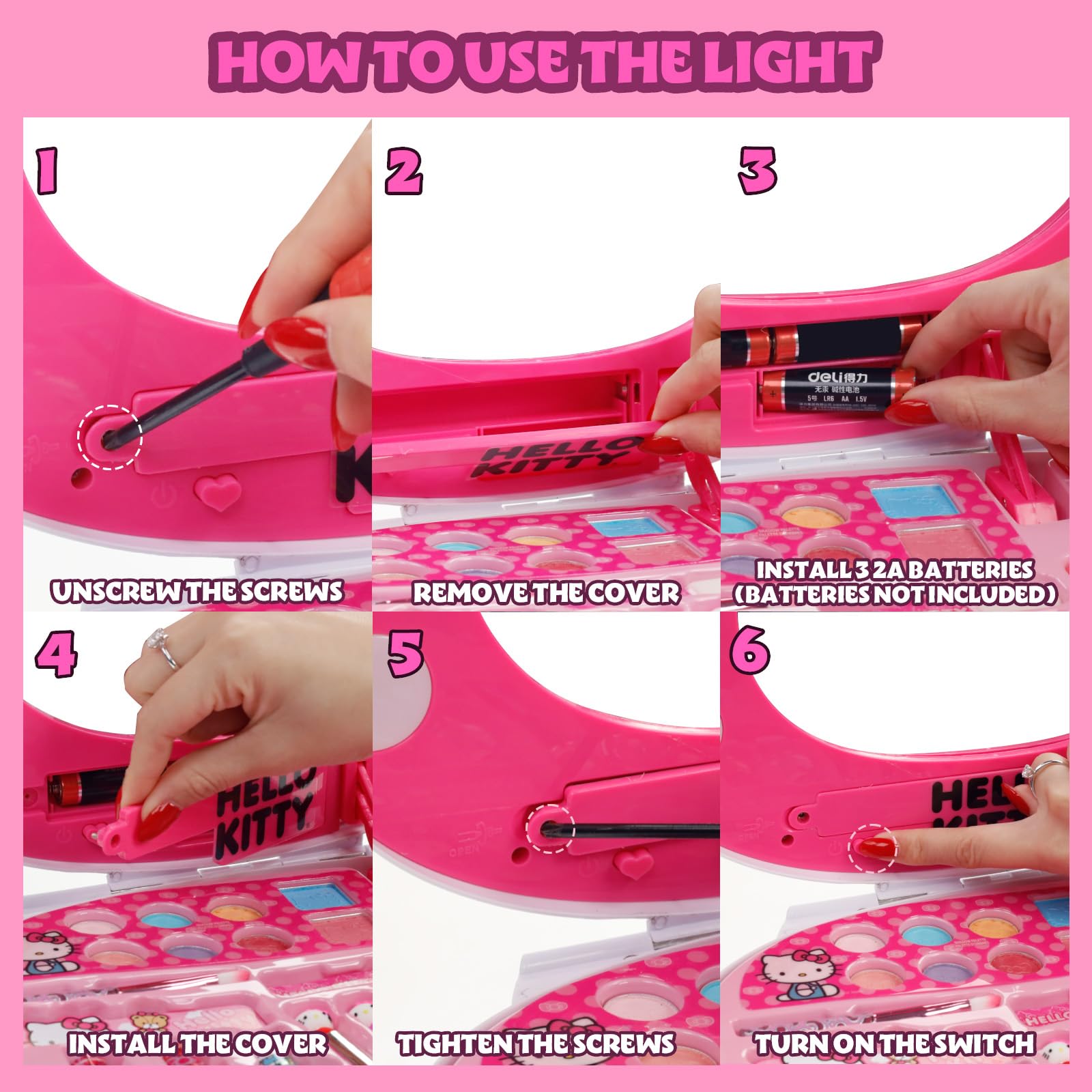 Hello Kitty - Juego de maquillaje con luz para niñas, incluye accesorios para uñas, ojos y labios, regalo perfecto de cumpleaños y vacaciones, pilas AA no incluidas, a partir de 3 años 6