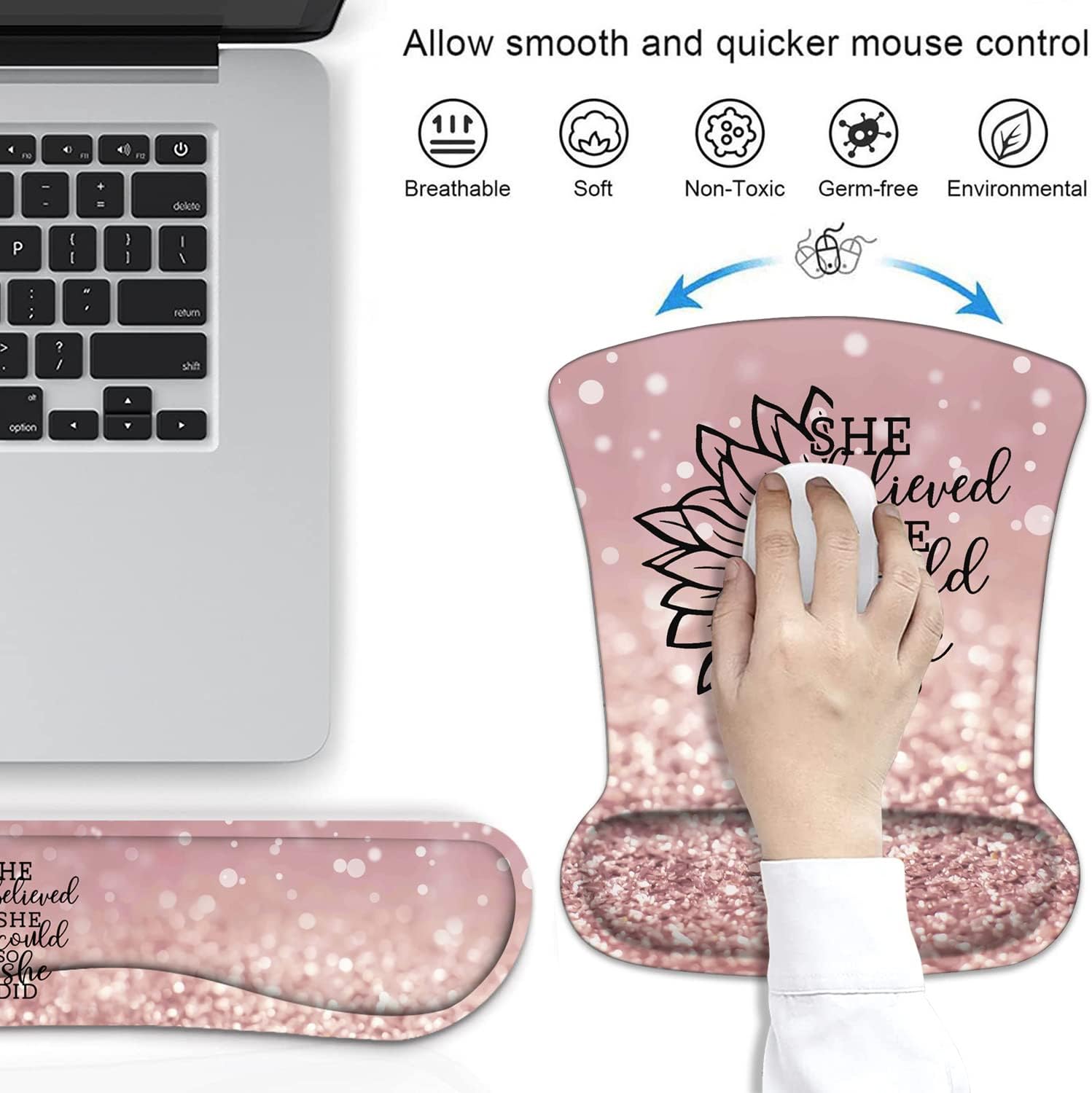 Mouse Pad Wrist Support and Keyboard Wrist Rest Set with Coasters, She Believed She Could So She Did Inspirational Quote Wrist Mouse Pad with Non-Slip PU Base for Home Office Working Studying