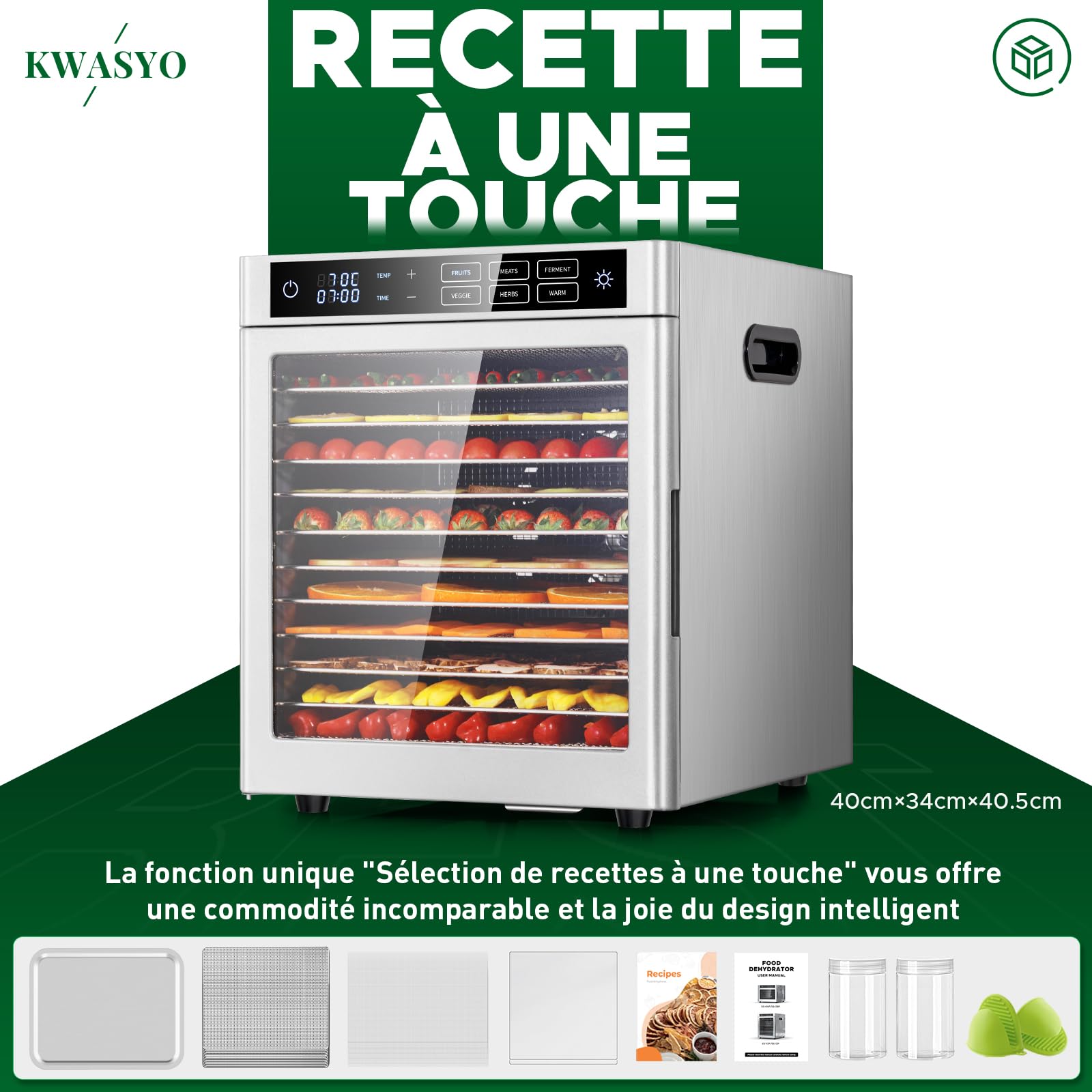 Kwasyo Déshydrateur Alimentaire 12 Plateaux en Acier Inoxydable, 6 Fonctions Préréglées, Déshydrateur 800W, 6 Tapis en Silicone, 2 Pots, 2 Plateaux pour Rouleaux de Fruits, Recette Incluse