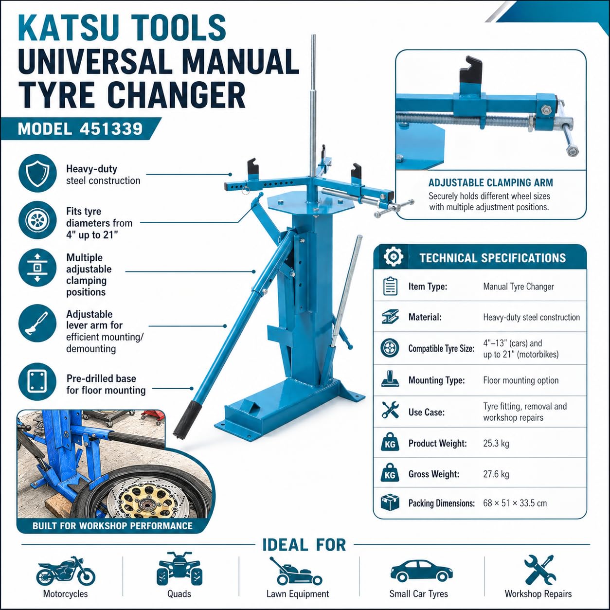 KATSU Tools Desmontadora Manual Universal de neumáticos para neumáticos de hasta 21", para Motocicletas y minimotos, Herramienta para Montaje y desmontaje de Ruedas, Modelo 451339