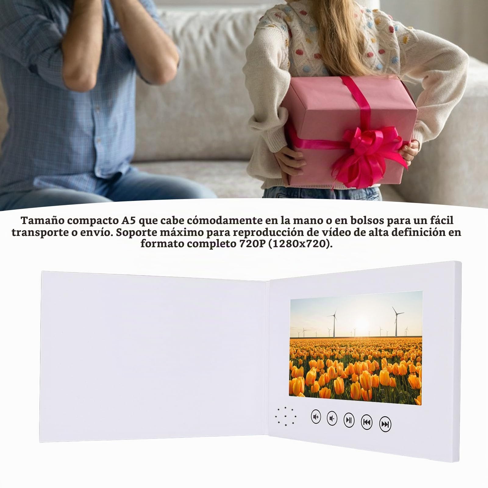 Sxhlseller Tarjeta de Felicitación con Vídeo de 7 Pulgadas, Folleto Digital LCD HD para Marketing |Reproductor Electrónico A5, Regalo Personalizado Recargable para el Negocio de Navidad