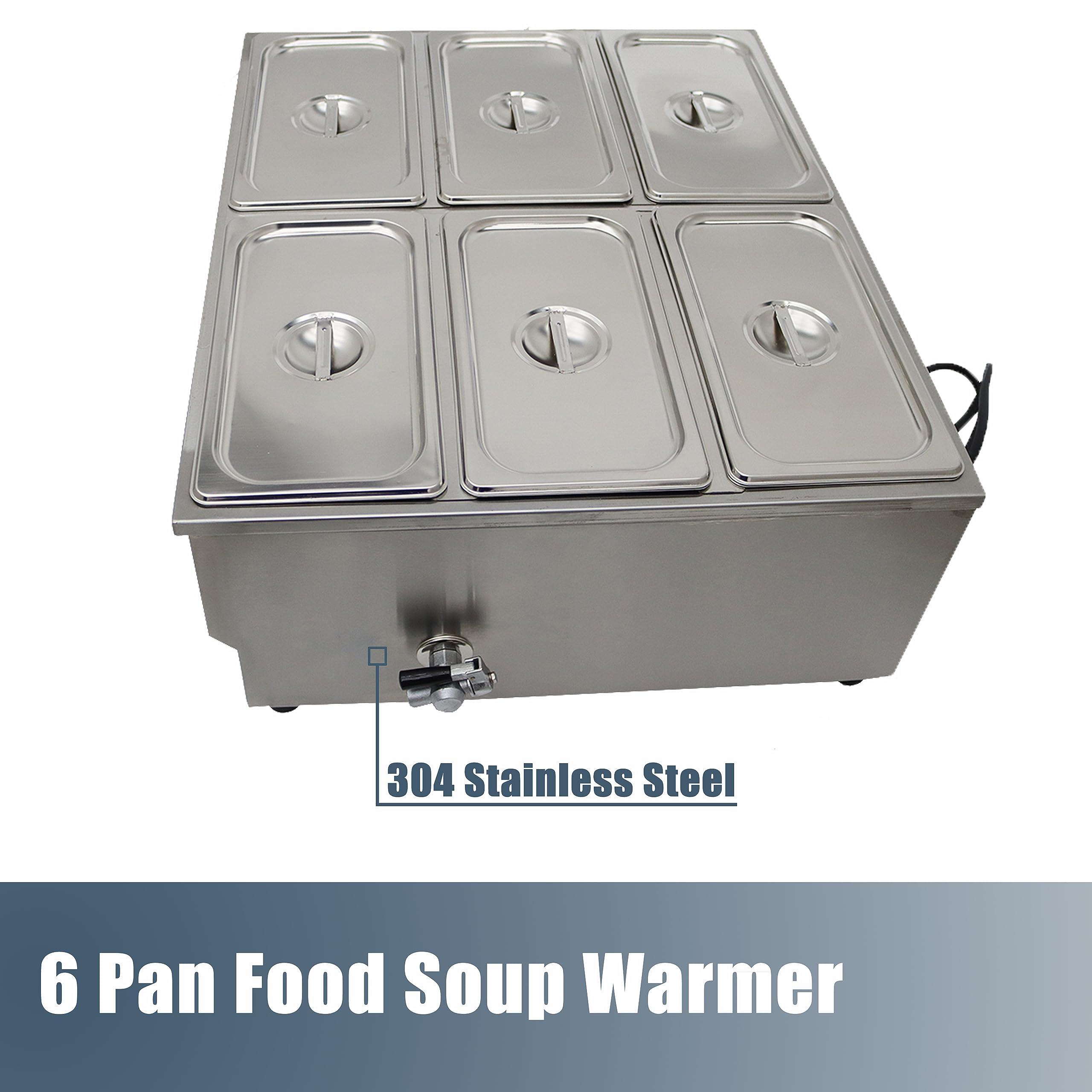 WYDDDARY 6 Pan Commercial Food Soup Warmer 110V Stainless Steel Food Steam Table 15cm/6inch Deep Canteen Buffet Steam Heater Bain-Marie for Parties and Restaurants with 13''x7''x6'' Pan 1500W