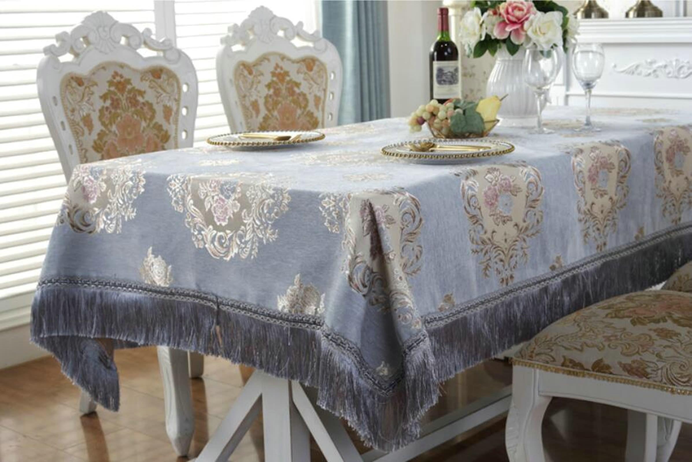 Nappe rectangulaire gris-bleu 140x200 cm à motif floral jacquard