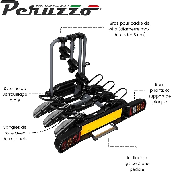 Peruzzo - Porte-vélo sur Attelage Pure Instinct - Transport 3 vélos (60kg Max) - Compatible Fat Bike - Inclinable avec pédale - Câble antivol à clé Inclus - Assemblé et Pliable pour Rangement Facile - 5