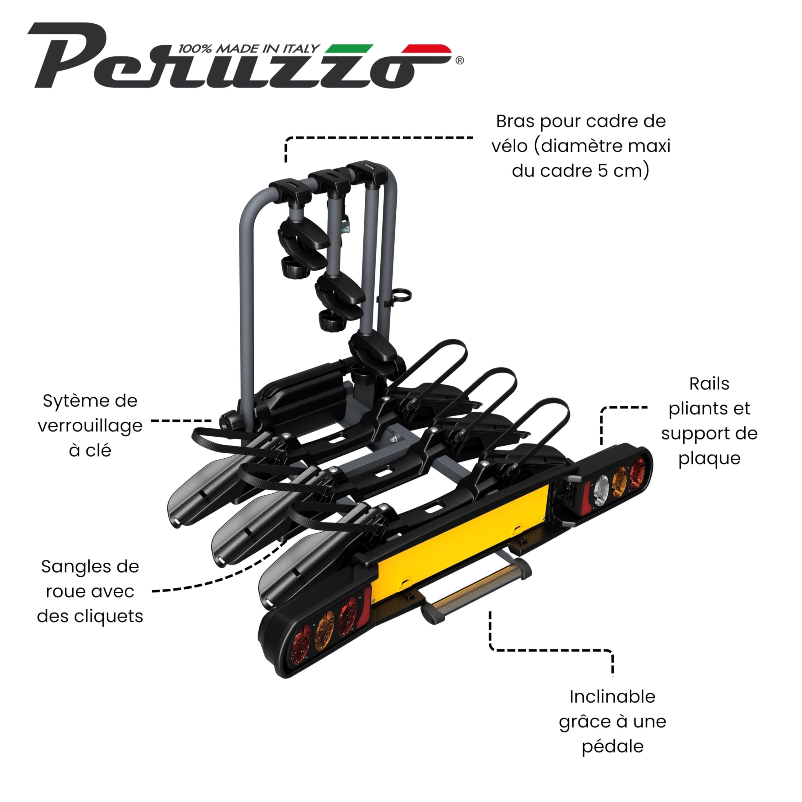 Peruzzo - Porte-vélo sur Attelage Pure Instinct - Transport 3 vélos (60kg Max) - Compatible Fat Bike - Inclinable avec pédale - Câble antivol à clé Inclus - Assemblé et Pliable pour Rangement Facile