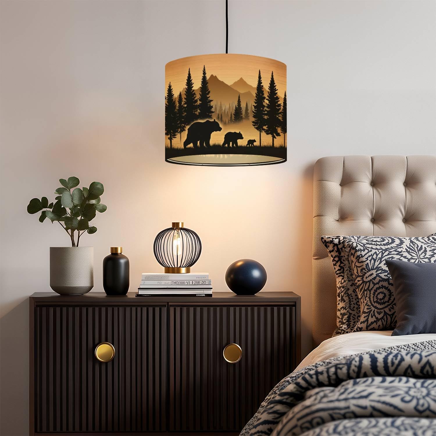 Linen Drum Lamp Shades 1 Pack, 13"x13"x10" Silhouetted Bear Family Forest Sunrise Mountain Backdrop Rustic Lampshade for Table Lamps Floor Lamps Easy Assembly Replacement Lamp Shade