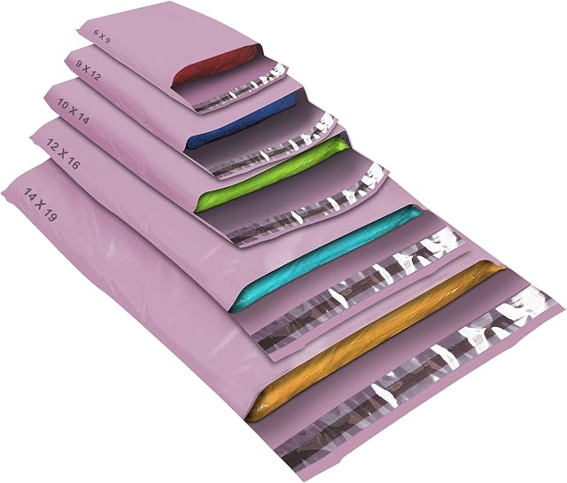 50 Mixed Size Grey Mailing Bags, Self Seal Strong Waterproof Poly Plastic Envelopes for Parcels, Packaging, Small, Medium, Large Mail, Shipping Courier Delivery Bags 5 Sizes, Baby Pink