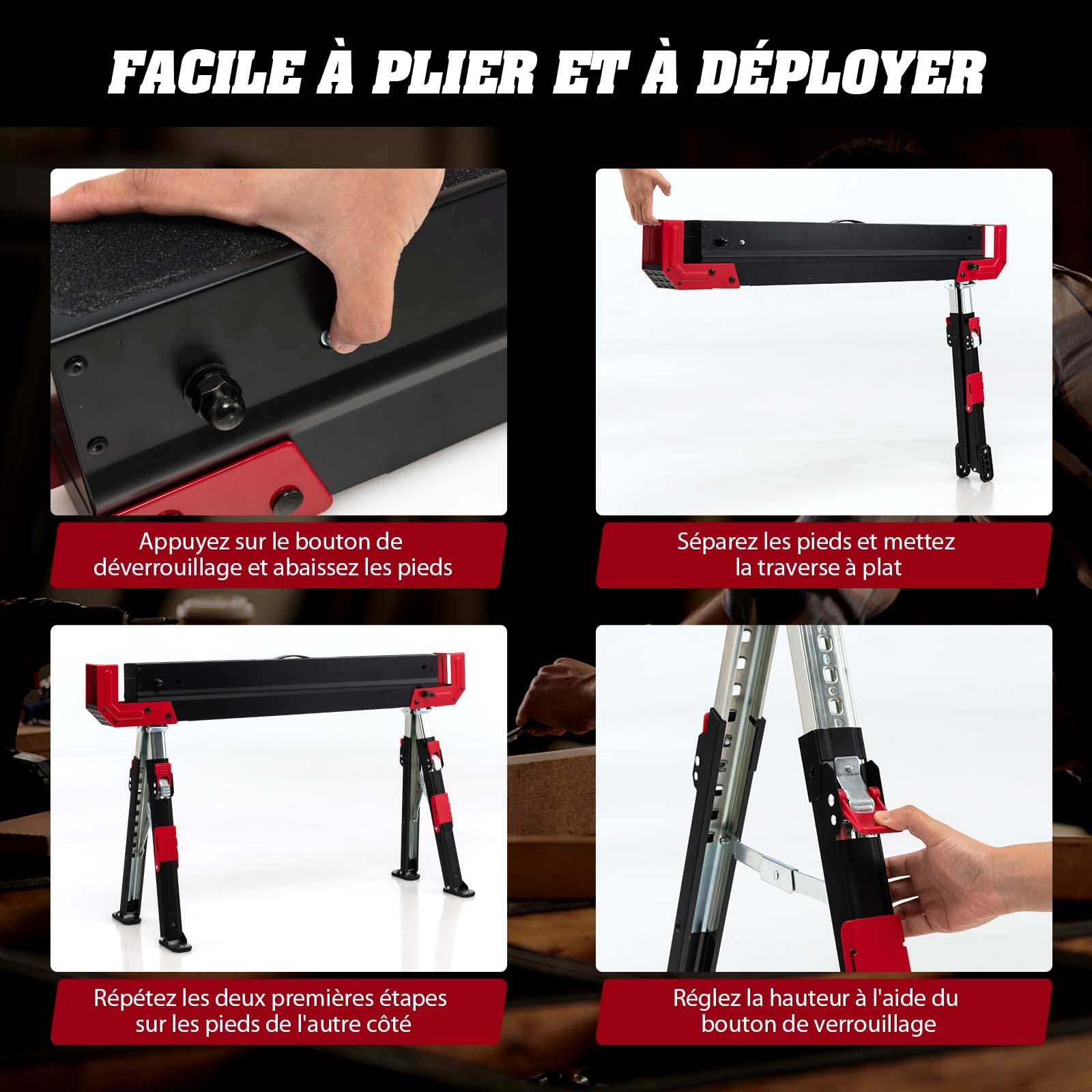 COSTWAY Lot de 2 Tréteaux Métalliques Robuste, avec Pieds Antidérapants Ajustables Reglable 61,5 à 82,7 cm, Grand Support Jusqu’à 1180kg Usage en Paire