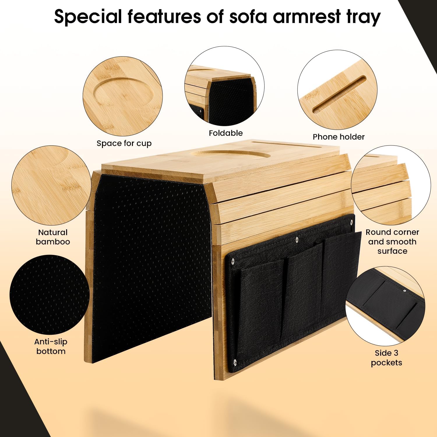 Trendy Trays Sofa Armrest Tray Bamboo with 3 Side Pockets | 22x37cm Anti-Slip Couch Armrest Table with Cup Holder, Phone Holder & Remote Organizer | Durable and Stable Arm Rest Caddy for Living Room 2