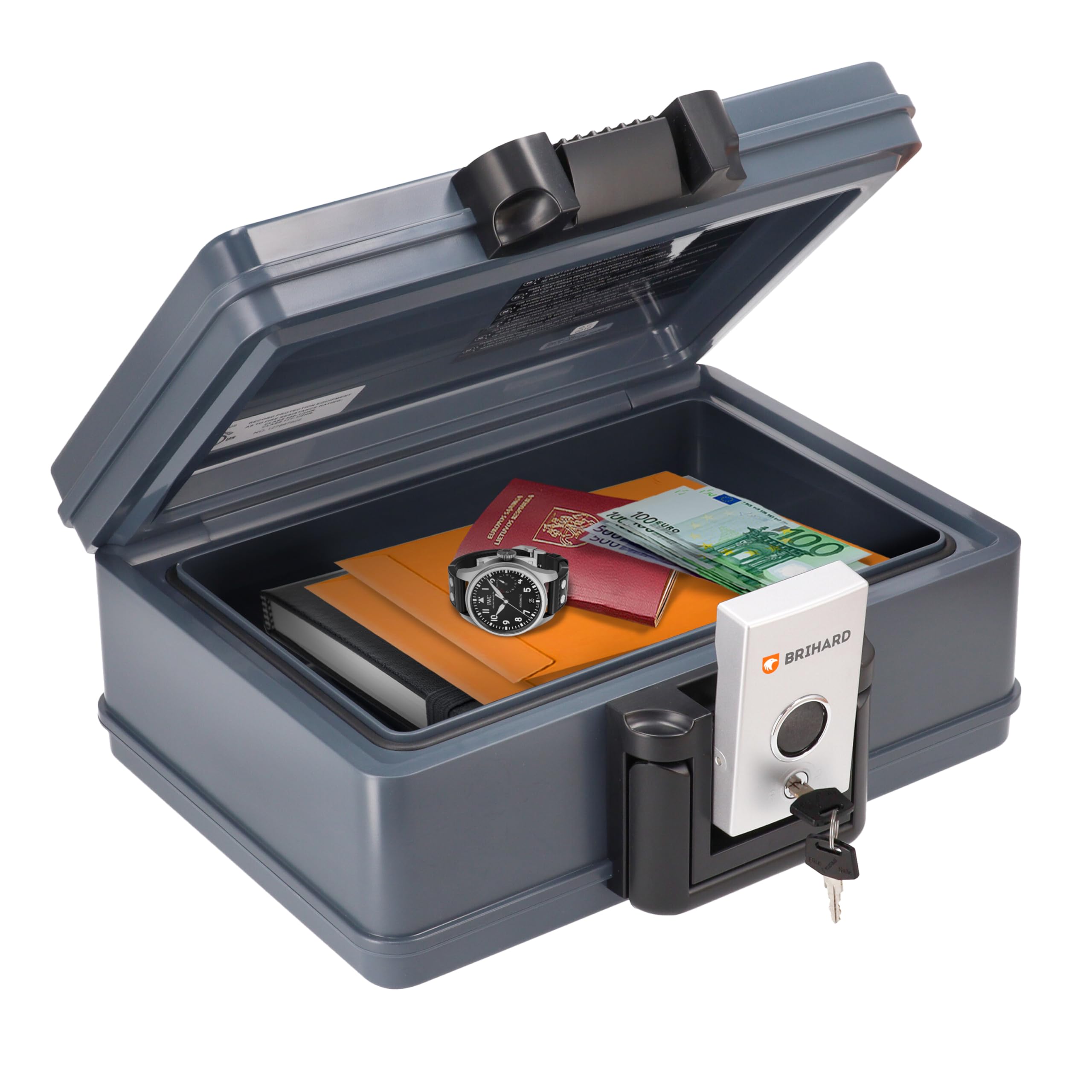 Brihard Certified Portable Fire Chest 2013, A5 - Waterproof & Fireproof Lockable Storage Box with Key Lock, Secure Valuables & Documents, Portable with Carry Handle, H 6.1 x W 13.9 x D 11.1in