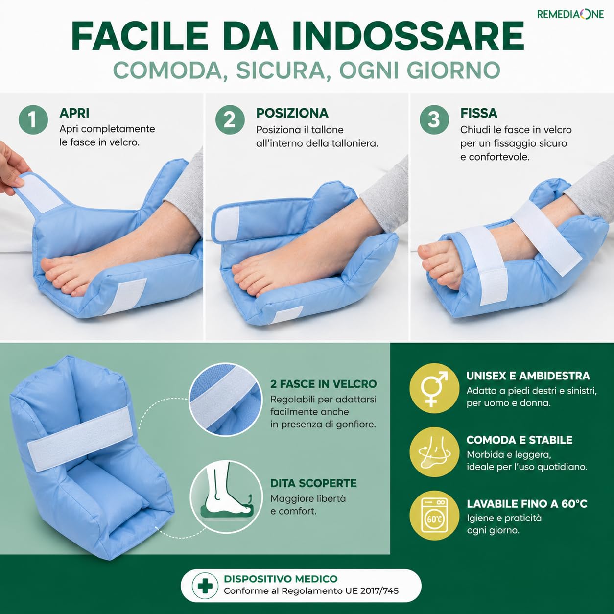 Talloniera Antidecubito in Fibra Cava Siliconata per Anziani e Allettati, Talloniera con Fodera in Cotone 100% e Velcro, 25×25×8cm, 1Pz