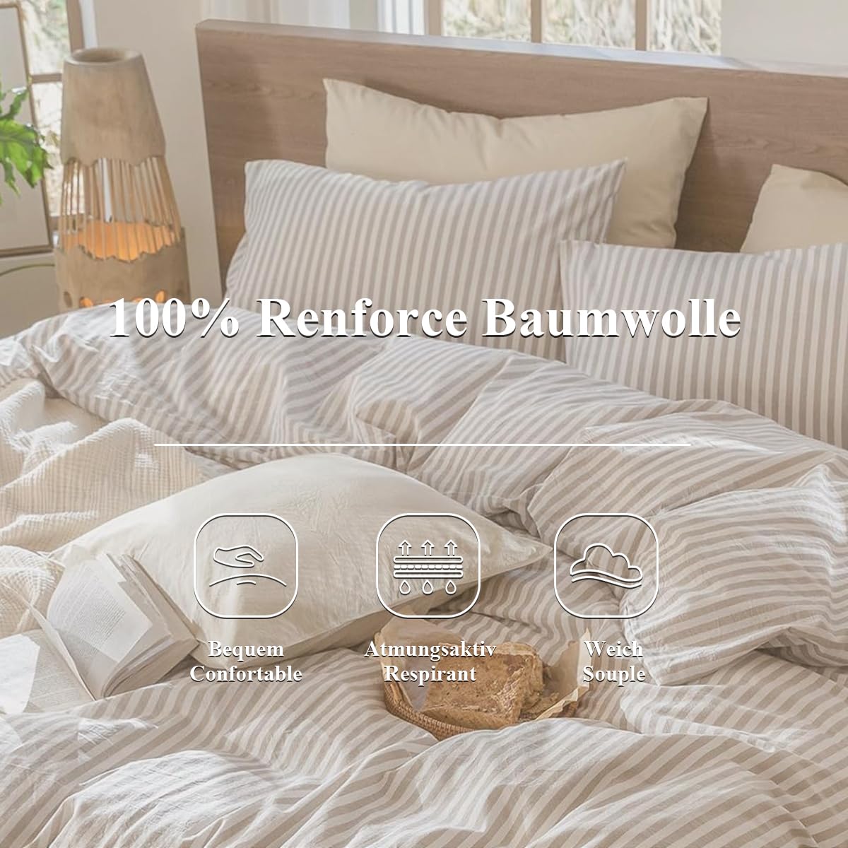 Lanqinglv Bettwäsche 220x240 Baumwolle Gestreift Beige,ÖKO-TEX Bettwäsche | Renforce Baumwolle Bettwäsche Set mit Reißverschluss,Bettwäsche für Allergiker Geeignet,2 Bettbezug & 2 Kissenbezug 80x80 cm