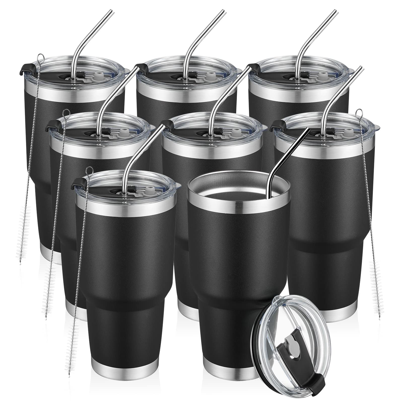 8 pack 30 oz Insulated Travel Coffee Mug With Lids and Straws, Durable Powder Coated Stainless Steel Double Vacuum Coffee Tumbler Cup, for Cold & Hot Drinks, Office, Travel,party cups (black 8pcs