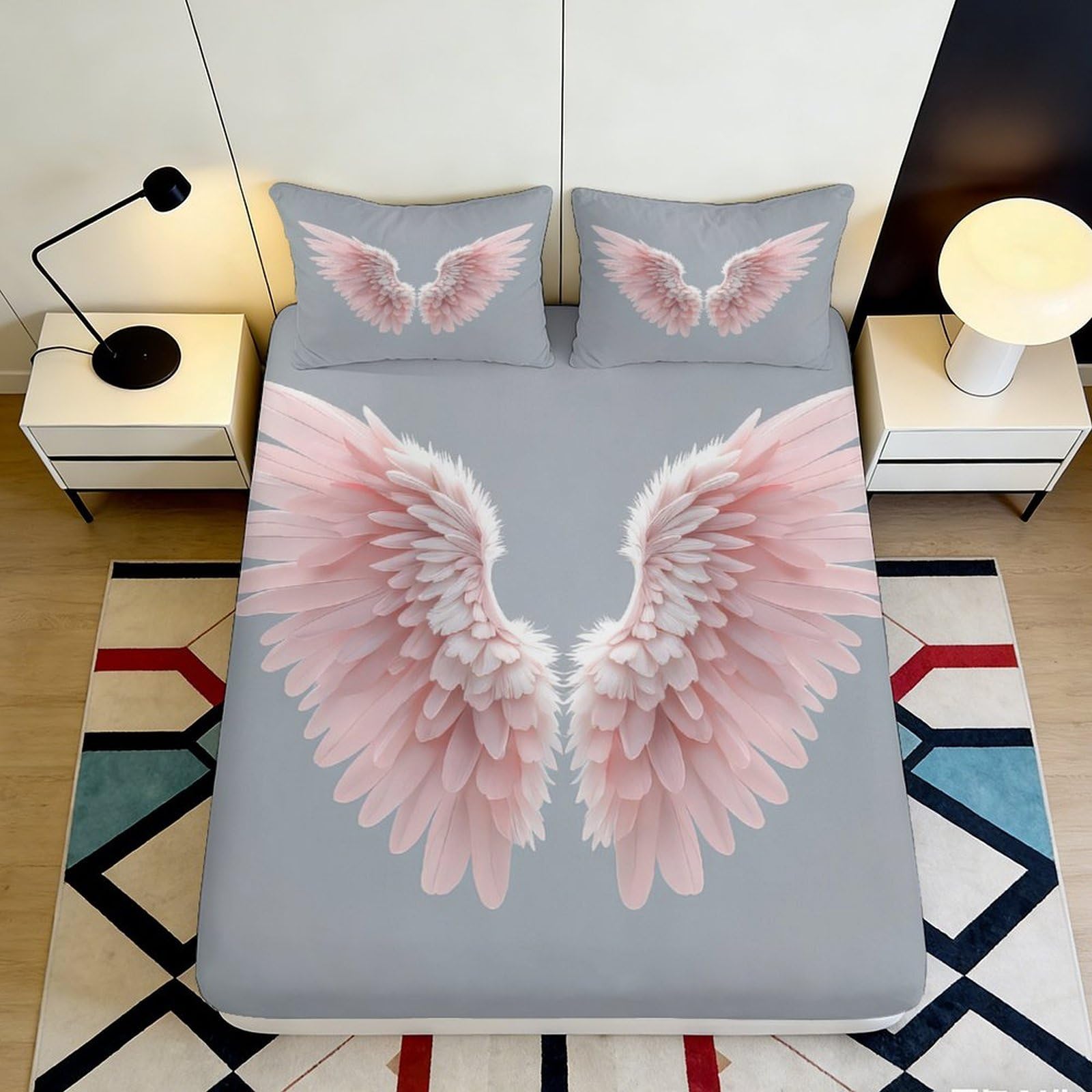 3D Printed Pink Angel Wings Fitted Sheet Microfiber Soft Bedroom Decor Feather Bed Cover for Home Dorm Room 90x200x25cm
