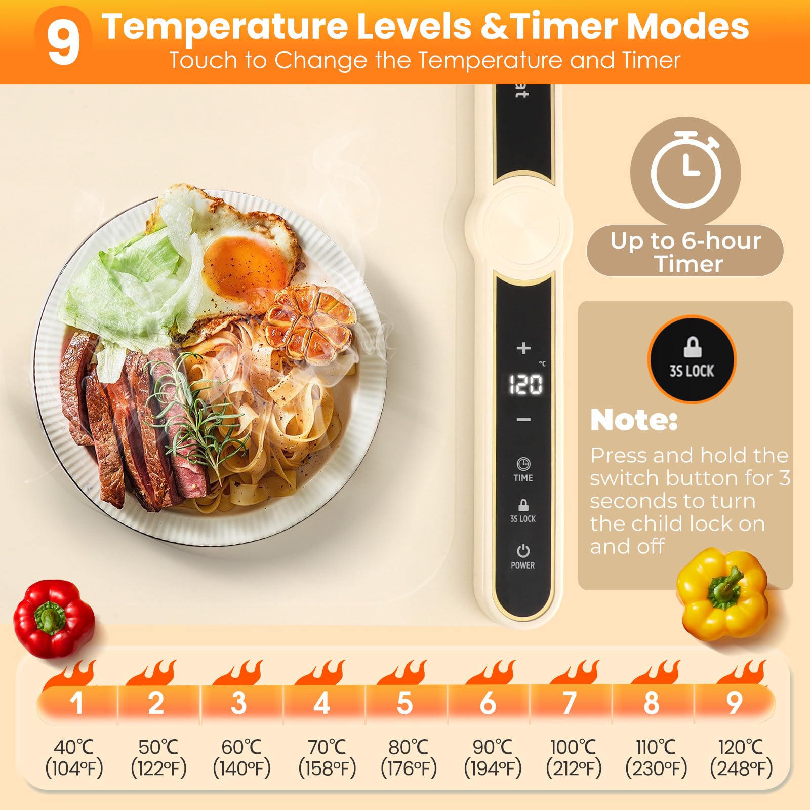 Bandeja Calefactora Plegable, Silicona Placa Calentadora Portátil, 40-120 °C Calentador de Alimentos con 9 Ajustes de Temperatura para Bufés, Familia, Fiestas, Eventos, Oficina 60 x 38 cm (Beige)
