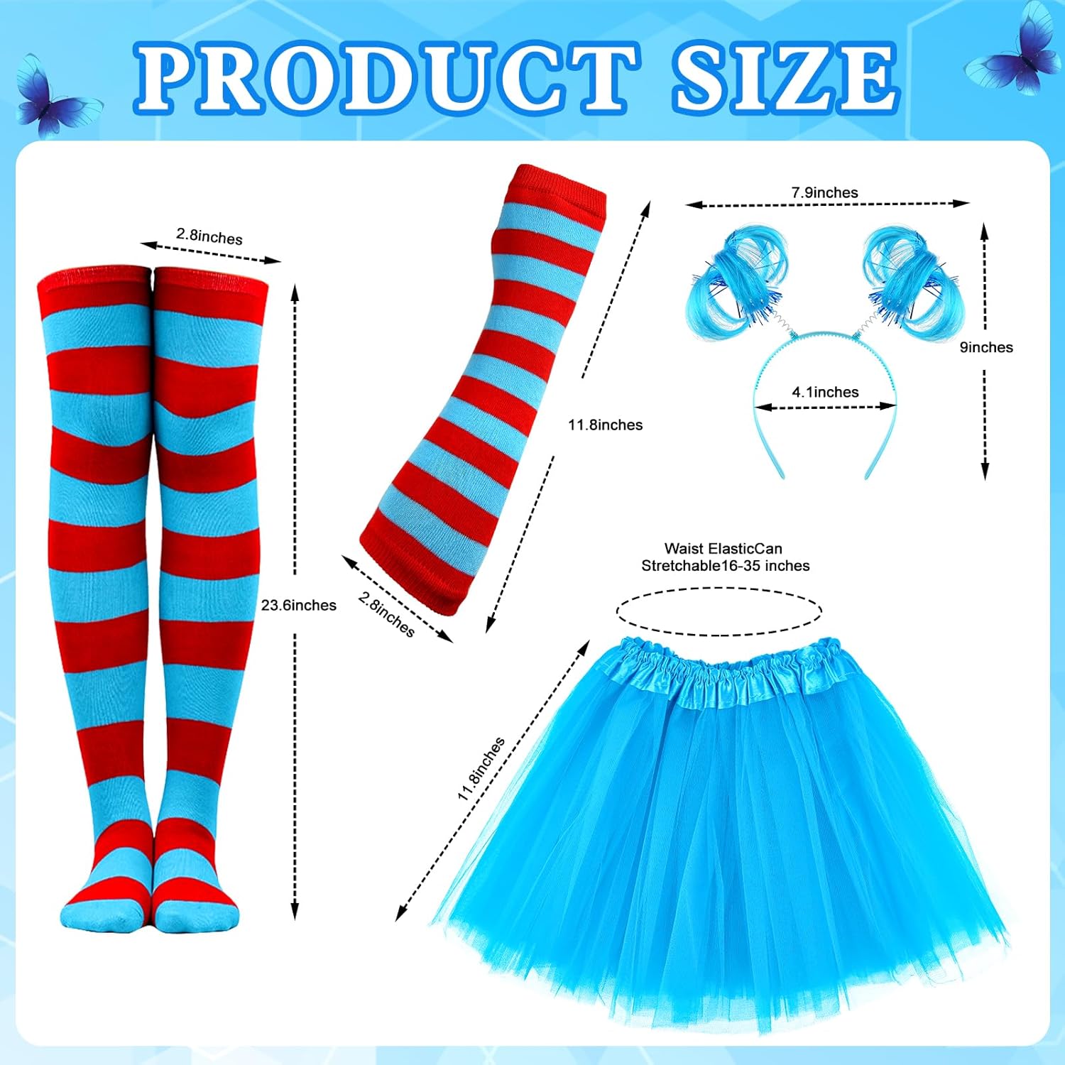 Mototo 8 PCS Tulle Tutu Costume Accessories Set, Blue 3 Layered Tulle Tutu Skirt Striped Socks Headband Gloves For Halloween - Image 2