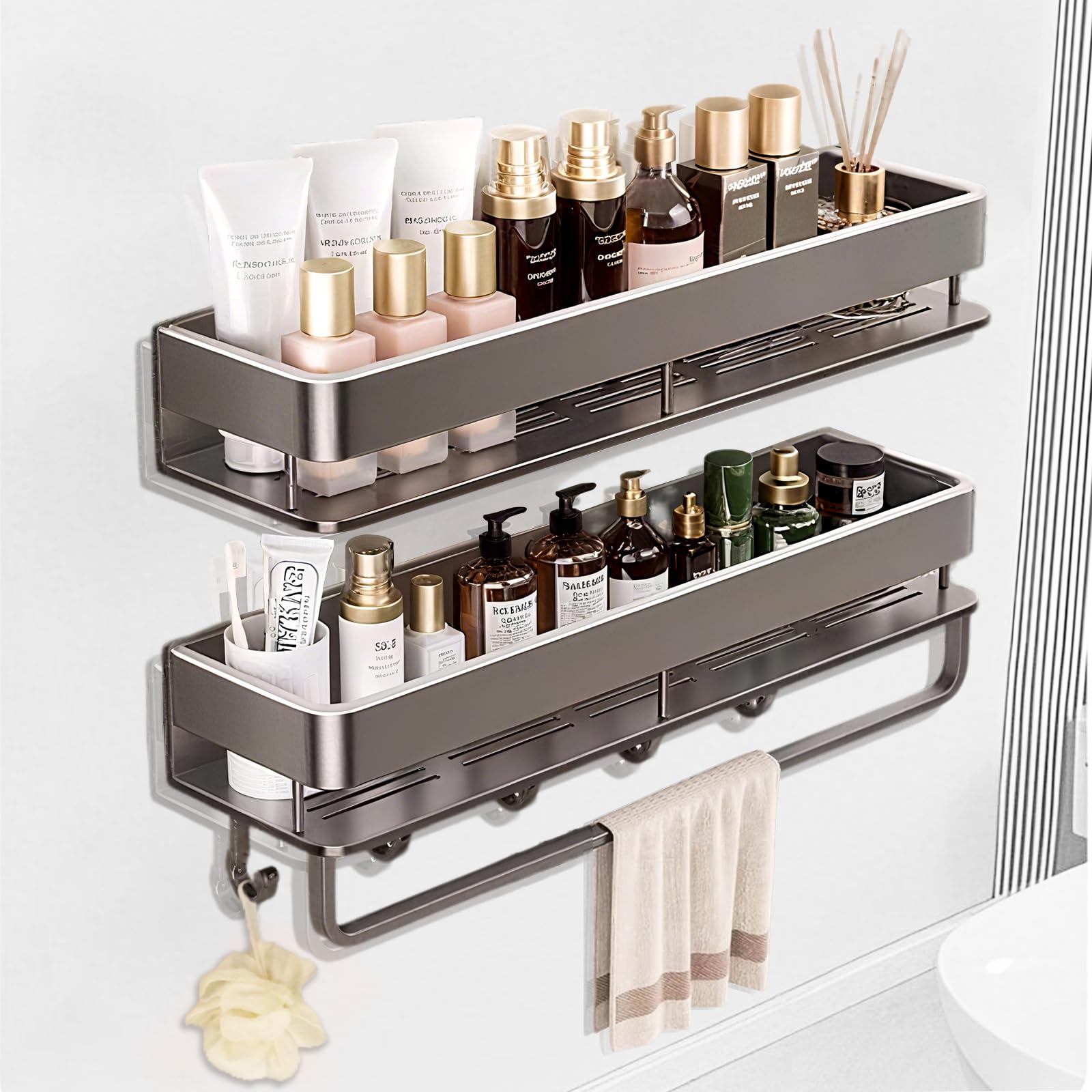 FOLAI 2-piece 30cm shower caddy no drill, rust-proof bathroom organiser, quick-drying bathroom shelf with large capacity, durable shampoo holder for shower shelves(gray) — image 1