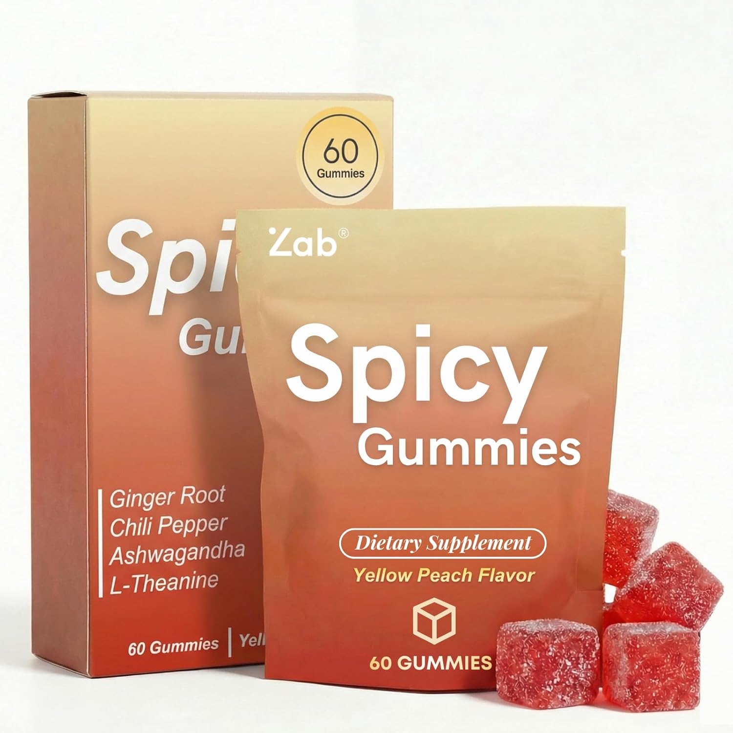ZAB Spicy Gummies Ashwagandha 45mg with L-Theanine & Caffeine – Energy, Calm & Mood Support Gummies for Couples – Vegan Yellow Peach Flavor Cubes, 60 Count