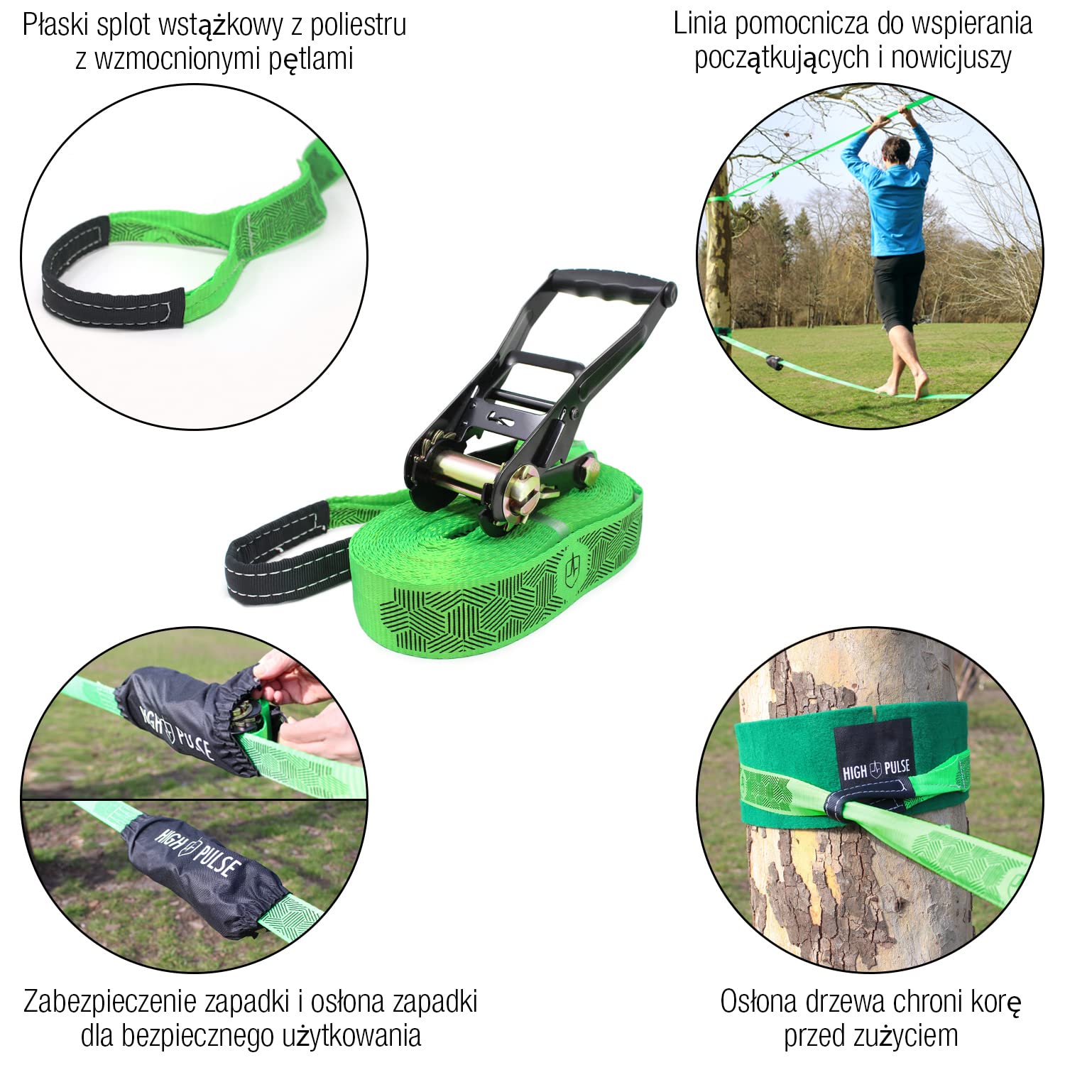 High Pulse® Zestaw Slackline | 15 m – kompletny zestaw Slackline (taśma 12,5 m + taśma zapadkowa 2,5 m) z grzechotką, osłoną grzechotką, linią pomocniczą, pomocnikiem do balansowania, ochroną drzew i