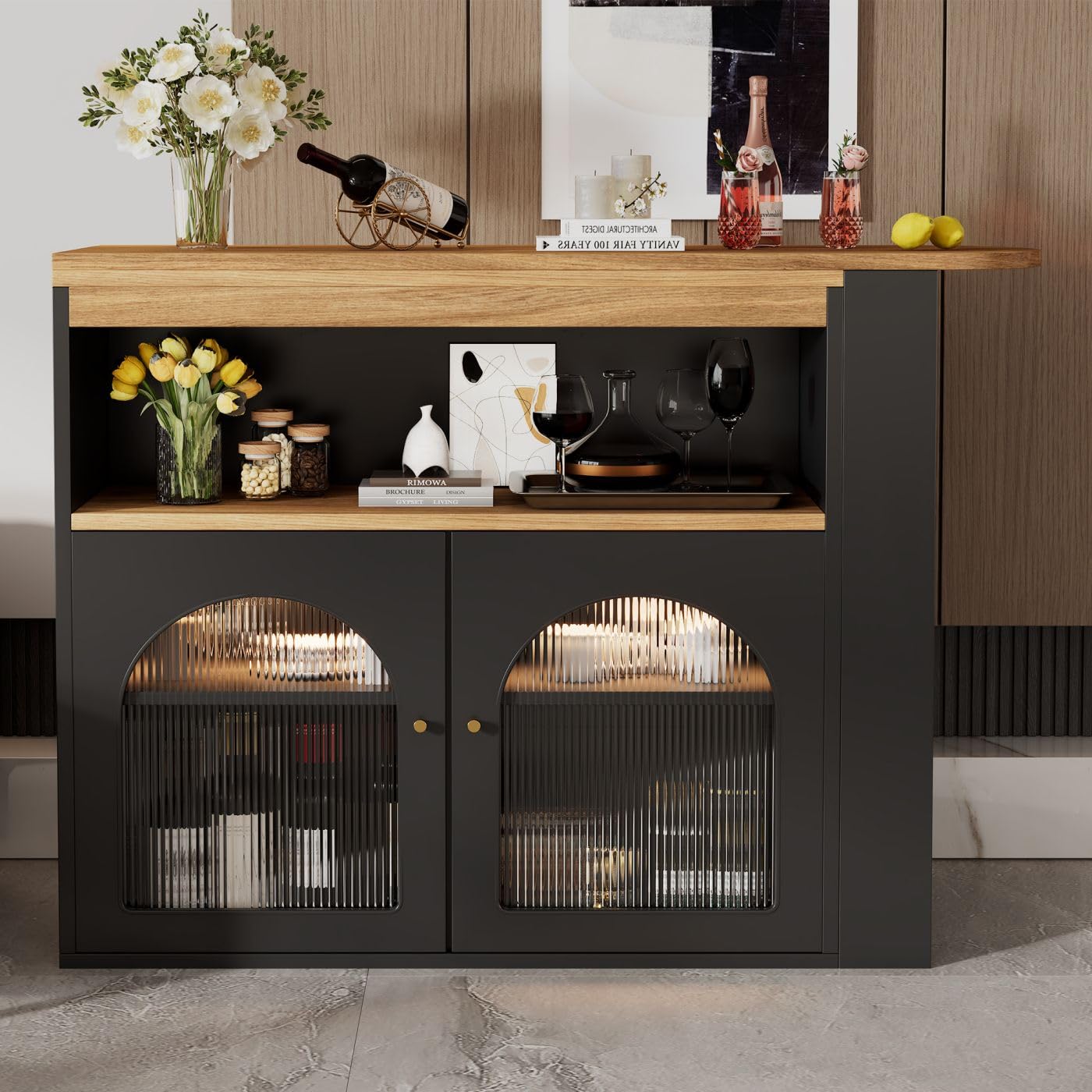 Sweiko Bar télescopique Table Moderne, Table de Salle à Manger télescopique avec Espace de Rangement, pivotante,Meuble de Rangement pour la Salle à Manger (Black)