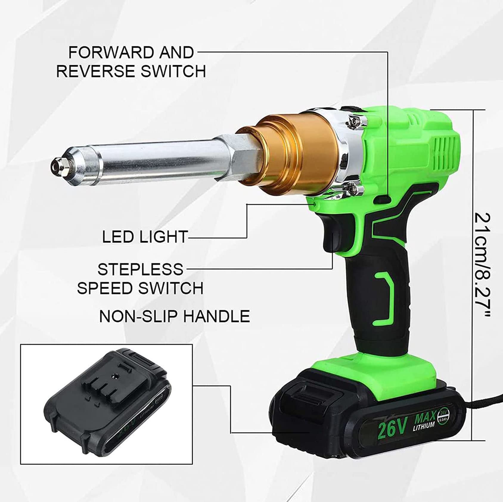 26v Przenośny Akumulatorowy Elektryczny Pistolet Nitowniczy, Nitownica 2,1 Mm Do Nitów 2,4 Mm-5,0 Mm Z Oświetleniem LED I Akumulatorem 2 Szt., Narzędzie Do Nitowania Metalu