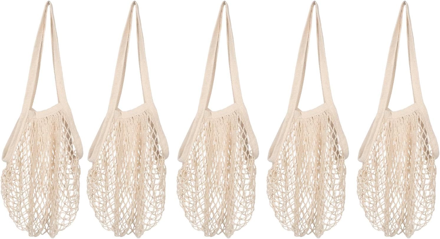 MAGICLULU 5pcs Reusable Mesh Grocery Bags Made of Tear-resistant Cotton, See-through Shopping Net Bags for Fruits and Vegetables Storage and Organization