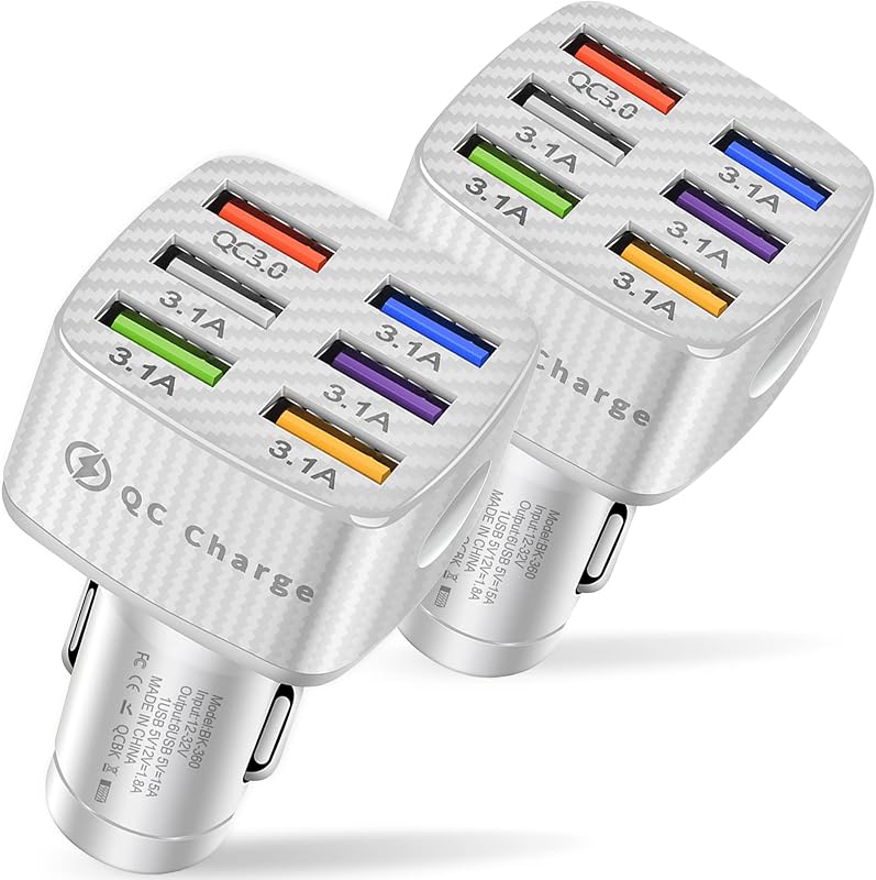 Amiss Adaptador de cargador de auto, 6 puertos USB múltiples, cargador rápido, incluye QC 3.0 y 5 otros puertos, accesorios para el interior del auto, apto para iPhone 17/16/15/14/13Pro Max, Samsung, Android (2 unidades blancas)