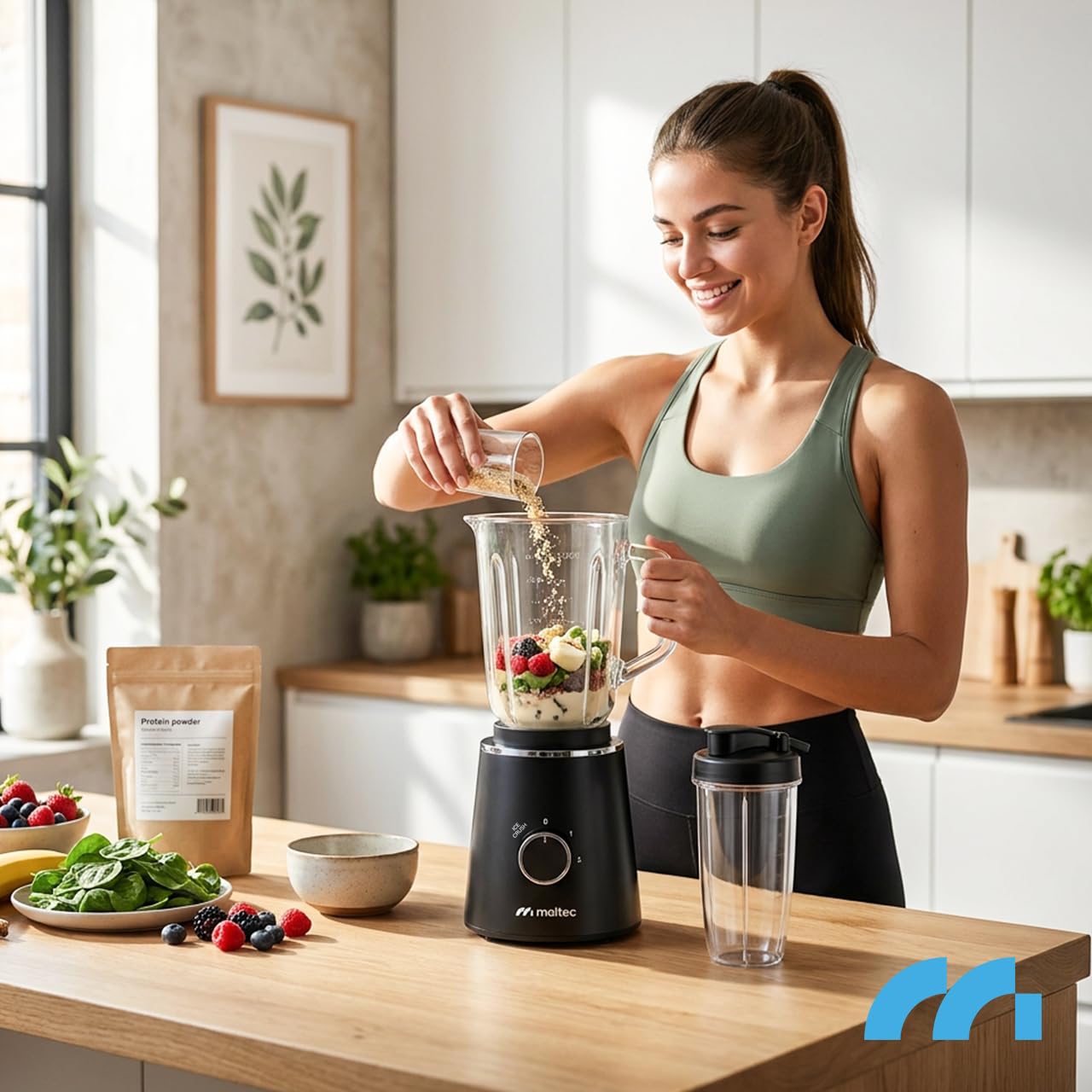 MalTec Standmixer Glas 1,5 L mit 500 ml To-Go-Flasche, 1000 W Motor, 6 Edelstahlklingen, 2 Geschwindigkeiten und Pulsfunktion, rutschfeste Füße, BPA-frei, für Smoothies, Suppen, Proteinshakes