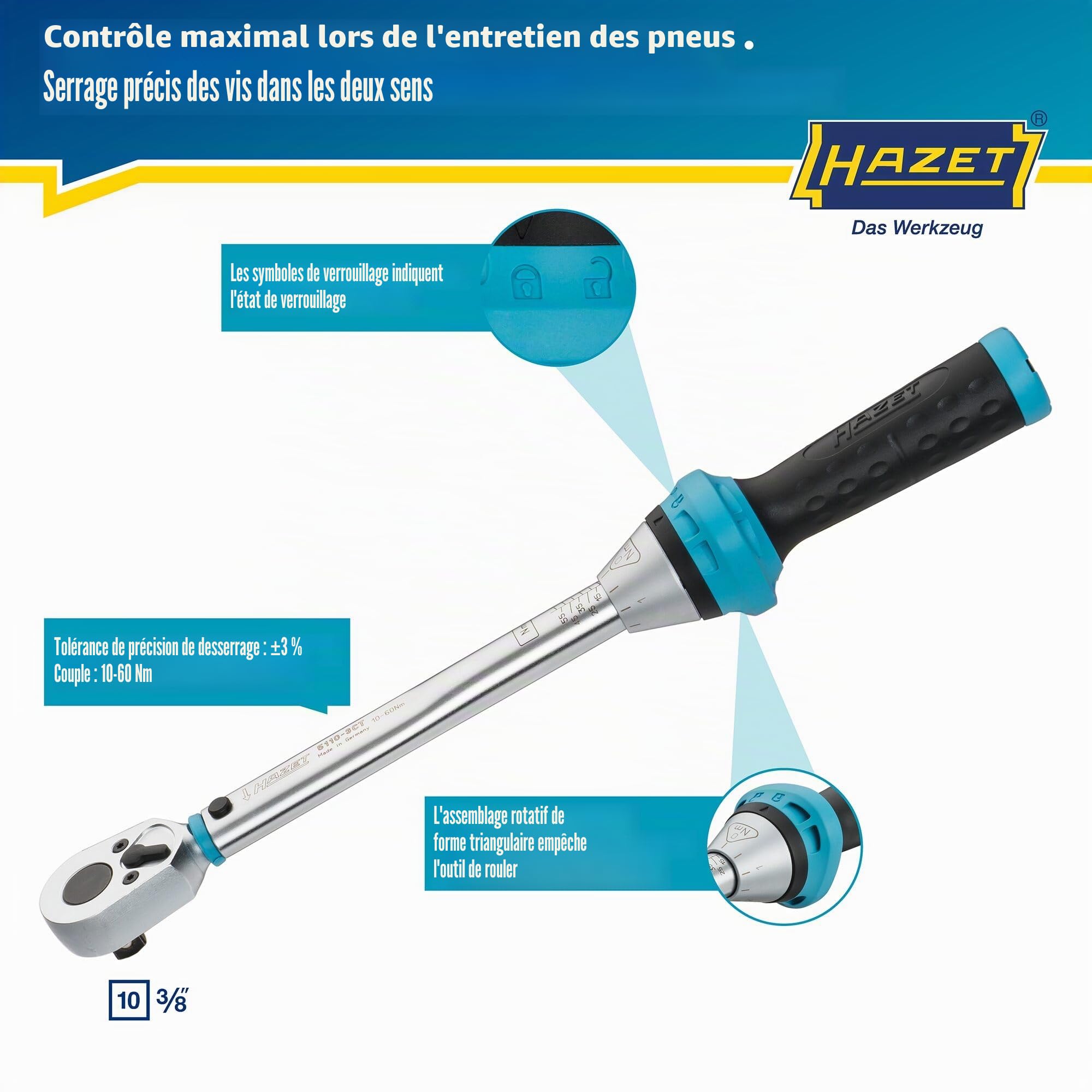 HAZET clé dynamométrique 5110-3CT I Sortie : carré 10 mm (3/8 pouce), tolérance : 3 %, 30 dents (angle d'actionnement 12 degrés) I cliquet réversible facile à utiliser pour voiture et vélo I 320 mm'.