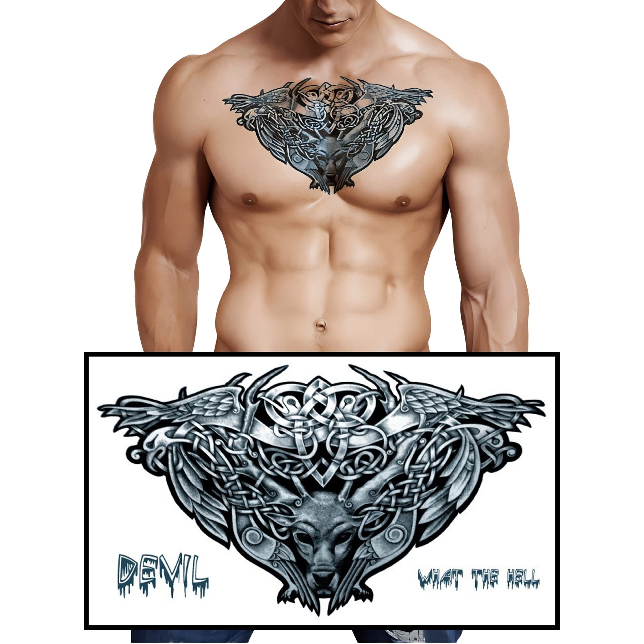 S.A.V.I Waterproof Temporary Tattoos for Men and Women - Devil What the Hell Text with Totem Design - Chest, Waist, Back - 24x14cm-image-5
